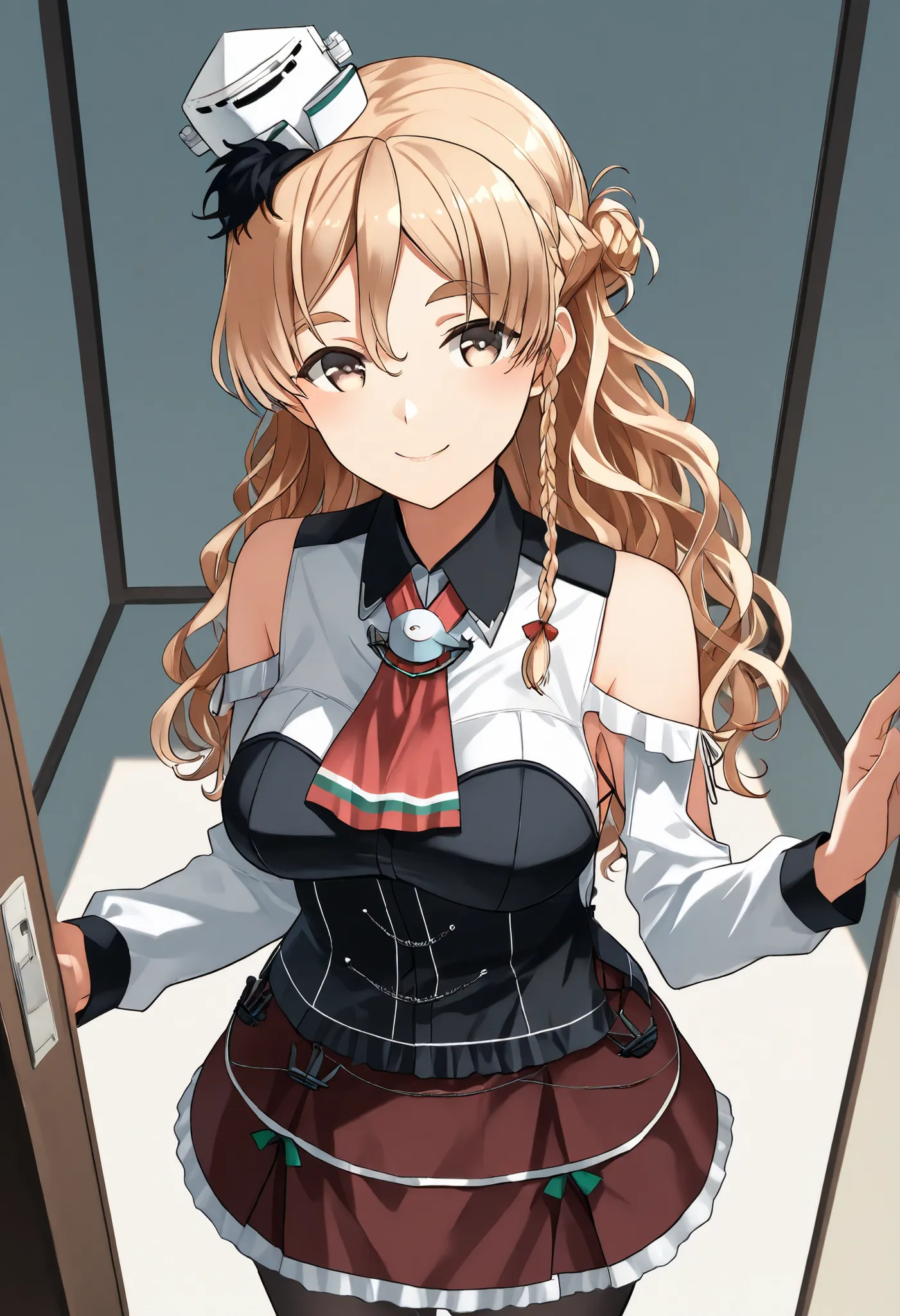 Zara (KANCOLLE))
one girl, solos, detailed skin, Smiling, 
score_9,score_8_up, score_7_up, Source_Anime, masterpiece, top quality, official art, official style,  game CG, 
zaraKC, long hair,skirt, shirt, long sleeves, bare shoulders, braid, pantyhose, mini...