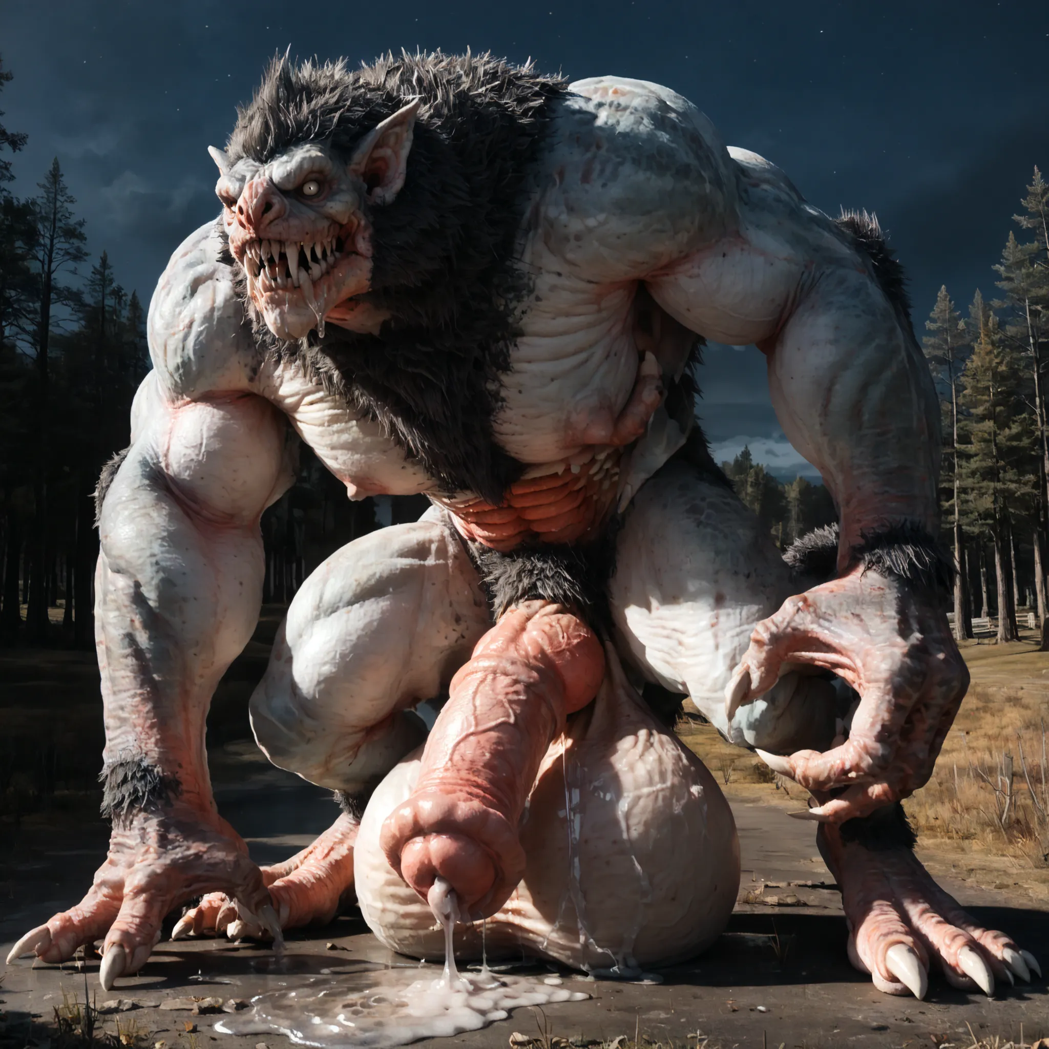 masterpiece, good quality, best quality, faux traditional media, night, horror \(theme\),
(((((Varghulf, monster, solo))))), teeth, claws, looking at viewer, (((((hyper muscular, hyper hyper precum, hyper excessive precum))))), hyper penis, hyper balls, ((...