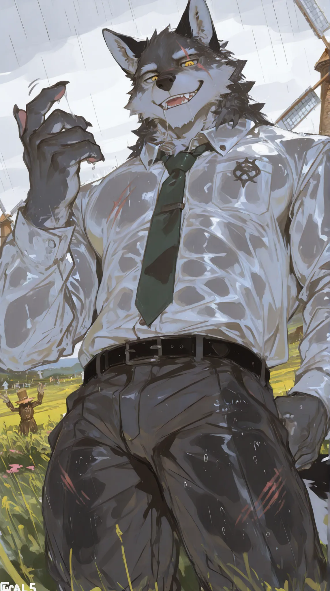 1 Uncle，(((middle-aged_male:1.5)))，old_man:0.5，Gray Wolf，furry，behind it is a rainy day，rain，Wet，transparent shirt，scarecrow，windmill，Front View，Golden Eyes，gray fur，white body，Wet，tie，Dress Shirts，white suit shirt，button-down long sleeve shirt，dark gray w...