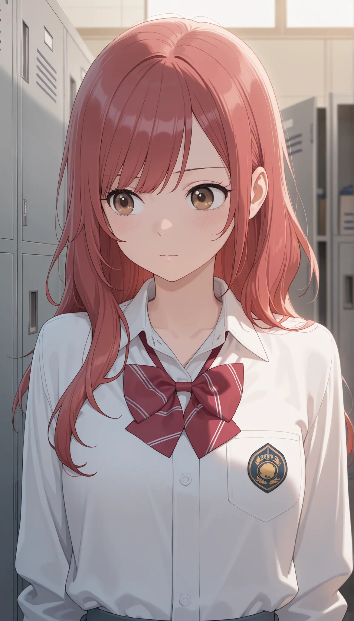 masterpiece,最high quality,high quality, Sugano Serina, Red hair, Long Hair, brown eyes, 1 girl, solo,   locker, uniform, bow, viewers, shirt, Indoor, upper body, bowtie, white shirt, Best, collared shirt, Plain Bangs