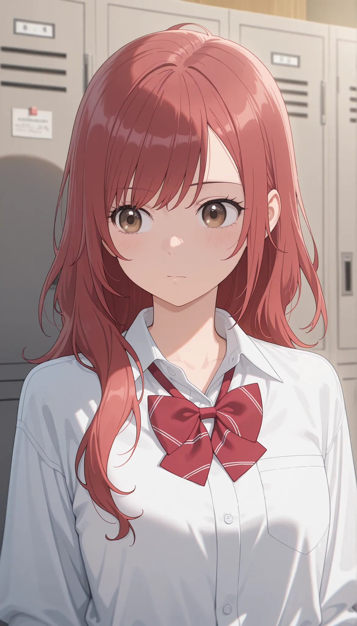masterpiece,最high quality,high quality, Sugano Serina, Red hair, Long Hair, brown eyes, 1 girl, solo,   locker, uniform, bow, viewers, shirt, Indoor, upper body, bowtie, white shirt, Best, collared shirt, sober bang