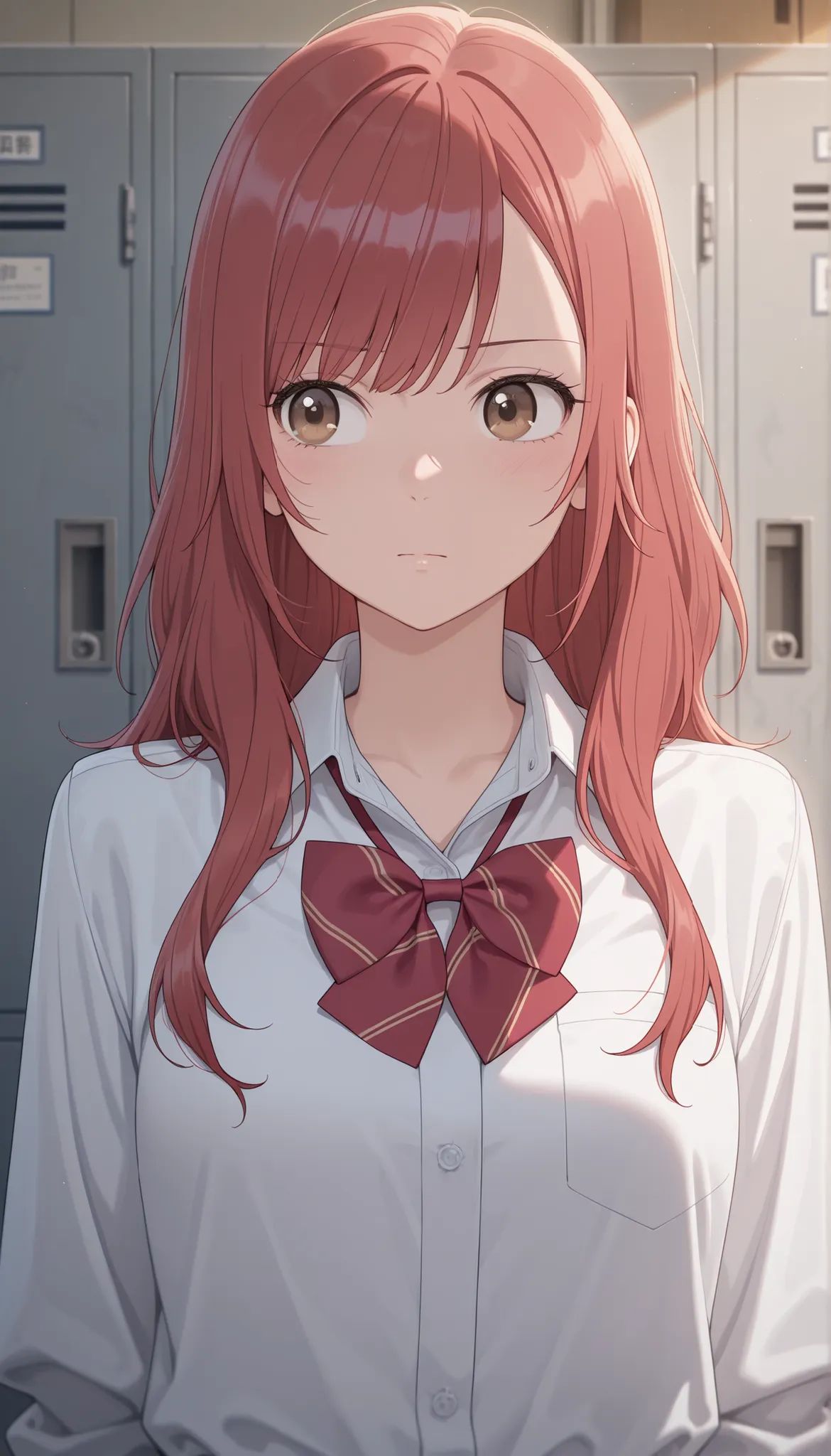 masterpiece,最high quality,high quality, Sugano Serina, Red hair, Long Hair, brown eyes, 1 girl, solo,   locker, uniform, bow, viewers, shirt, Indoor, upper body, bowtie, white shirt, Best, collared shirt, Plain Bangs