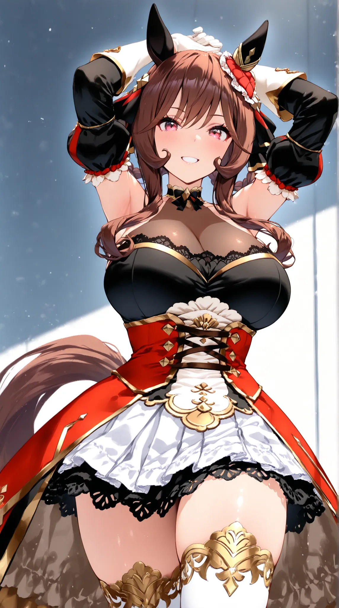 (masterpiece,best quality,,Ultra-high resolution,rich contrast,8k,Incredibly absurd,score_core_8_ up,score_7_ up),(nsfw1.2),break, ,1girls, Gentildonna \(umamusume\), 1girl, horse ears, , braid, hair ornament, animal ears, ear ornament, horse tail, see-thr...