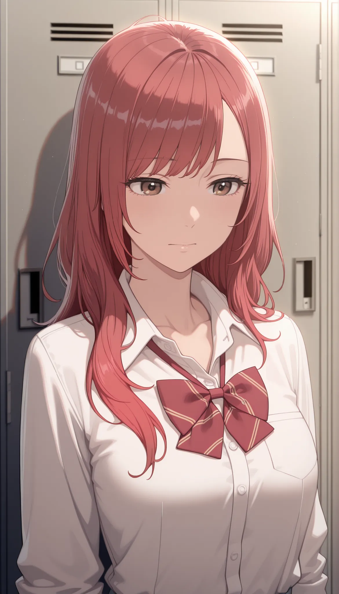 masterpiece,最high quality,high quality, Sugano Serina, Red hair, Long Hair, brown eyes, 1 girl, solo,   locker, uniform, bow, viewers, shirt, Indoor, upper body, bowtie, white shirt, Best, collared shirt, sober bang