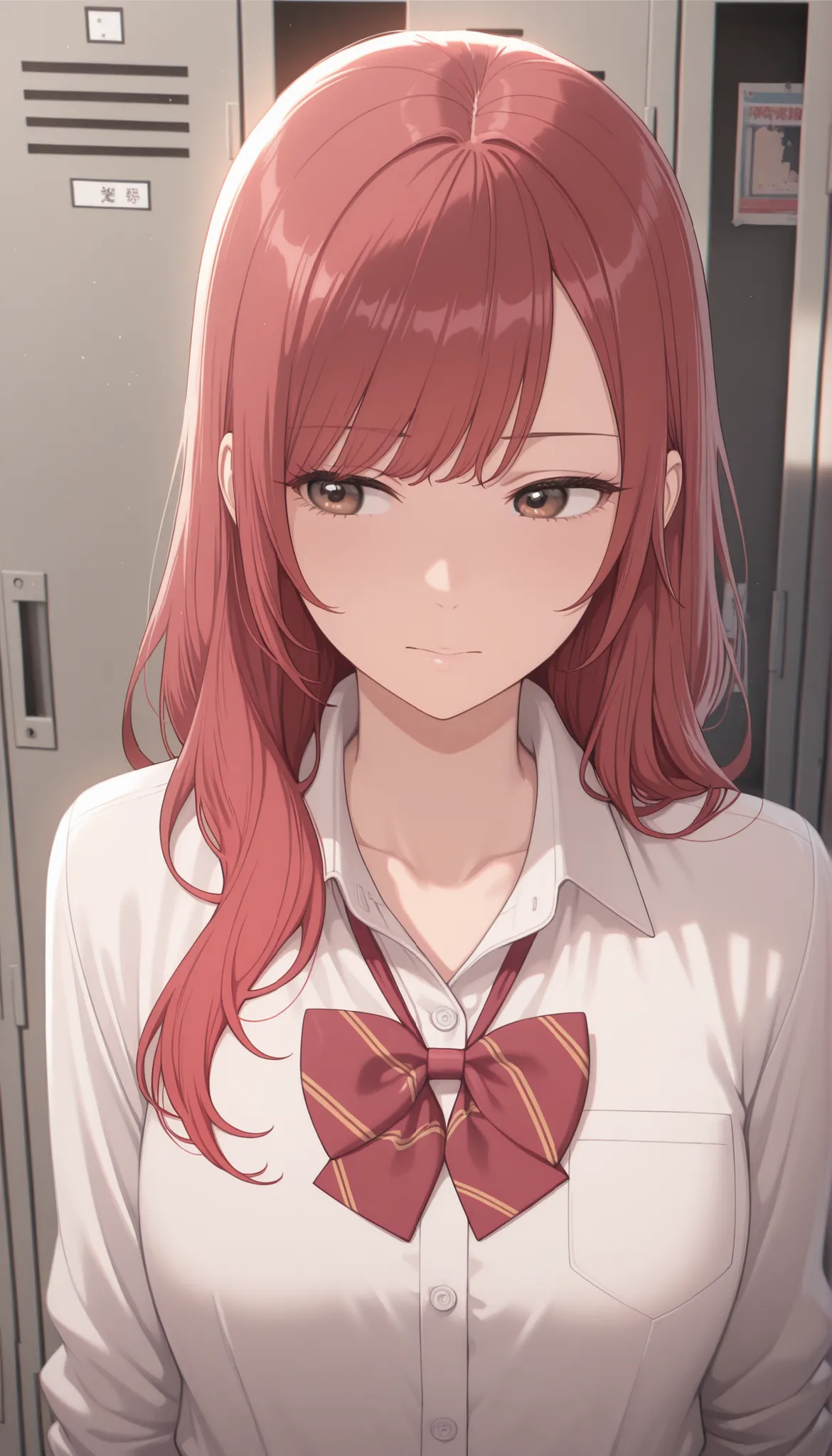 masterpiece,最high quality,high quality, Sugano Serina, Red hair, Long Hair, brown eyes, 1 girl, solo,   locker, uniform, bow, viewers, shirt, Indoor, upper body, bowtie, white shirt, Best, collared shirt, sober bang