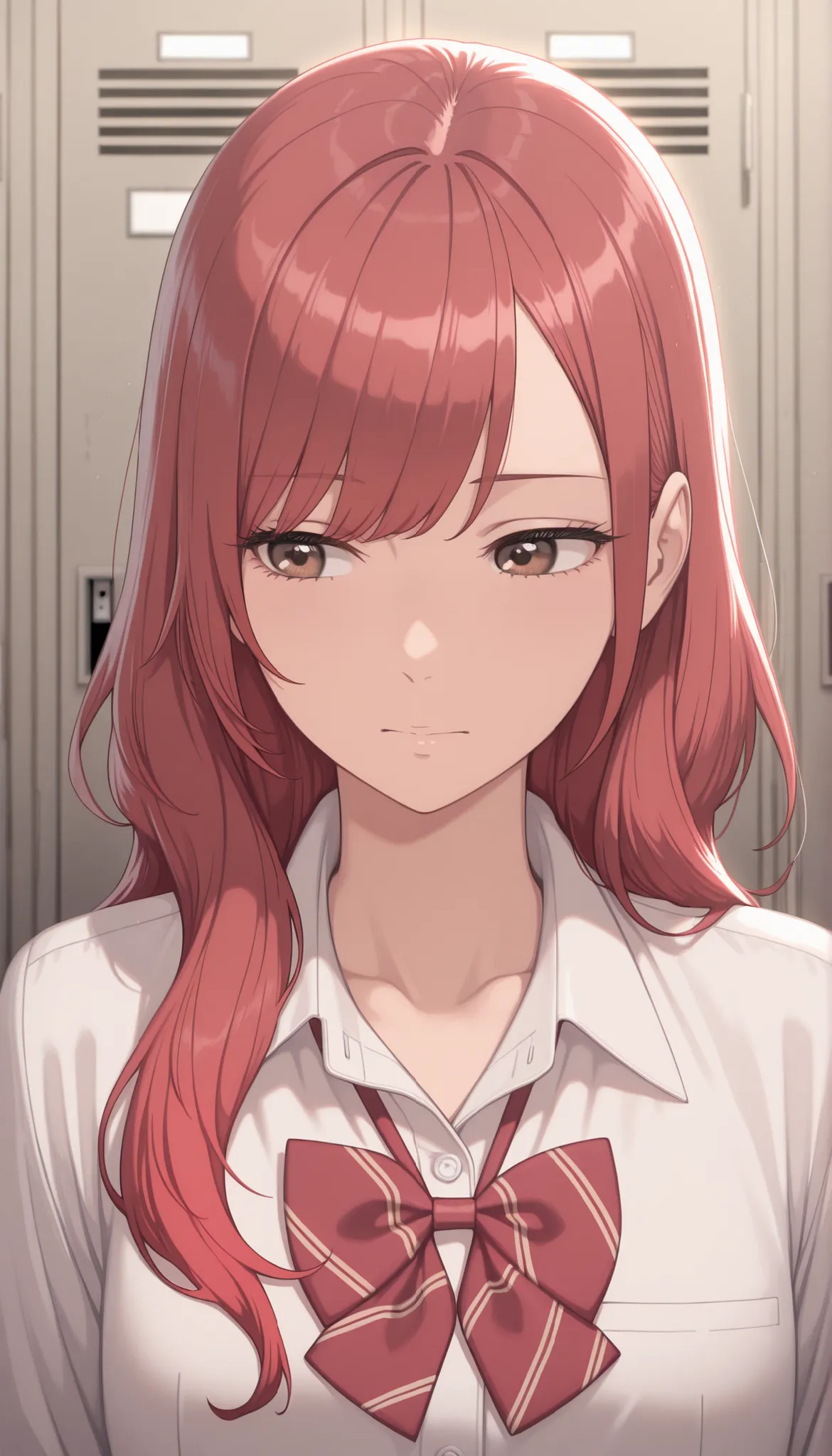 masterpiece,最high quality,high quality, Sugano Serina, Red hair, Long Hair, brown eyes, 1 girl, solo,   locker, uniform, bow, viewers, shirt, Indoor, upper body, bowtie, white shirt, Best, collared shirt, sober bang