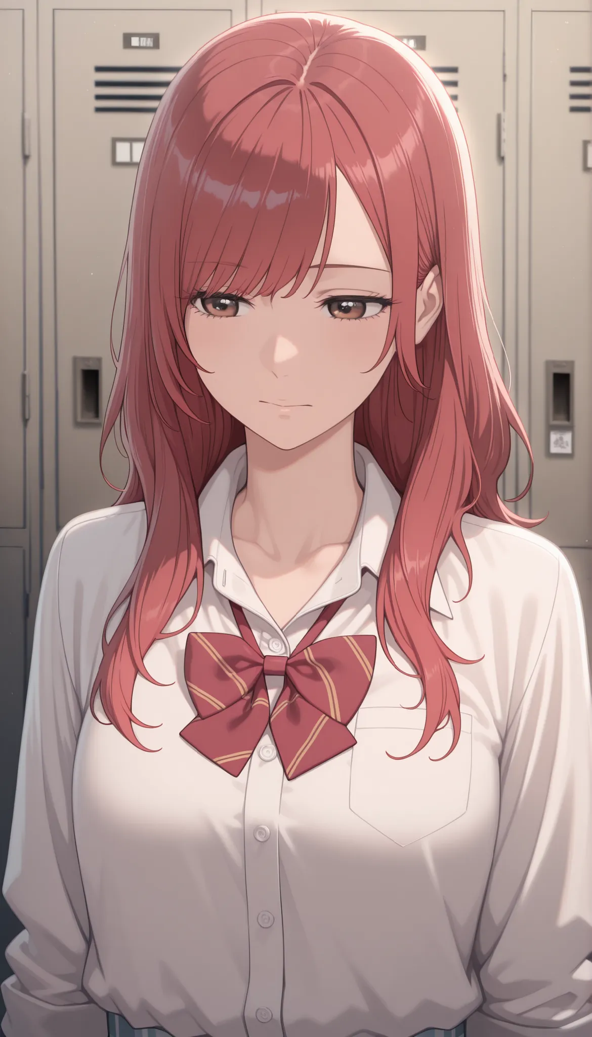 masterpiece,最high quality,high quality, Sugano Serina, Red hair, Long Hair, brown eyes, 1 girl, solo,   locker, uniform, bow, viewers, shirt, Indoor, upper body, bowtie, white shirt, Best, collared shirt, sober bang