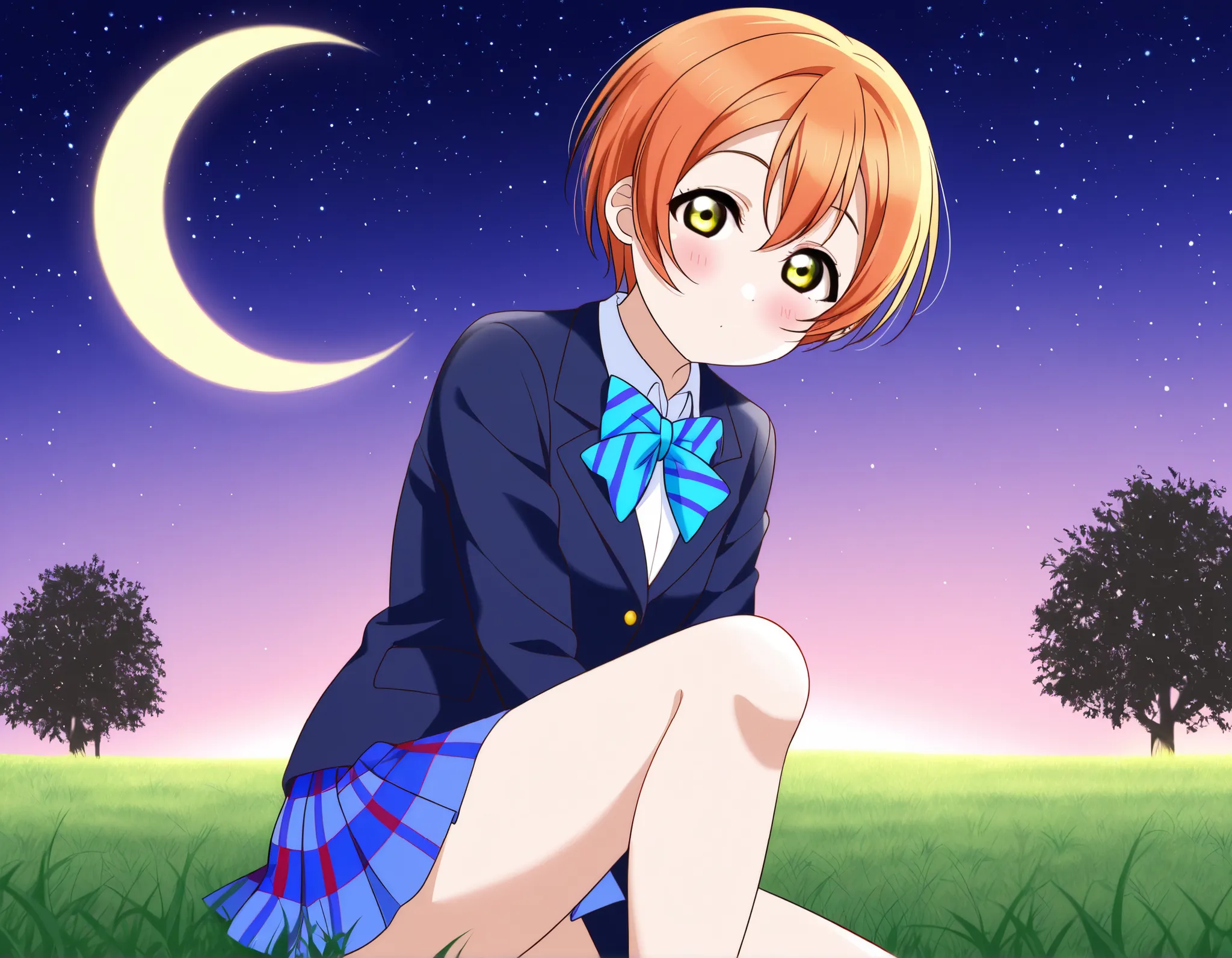 1girl, hoshizora rin, striped, short hair, blush, otonokizaka school uniform, lovelive_rin black blazer, blue plaid skirt, blue stripe bowtie, orange hair, very short hair, hair between eyes, yellow green eyes,knee up,crescent moon, stars (sky),looking at ...