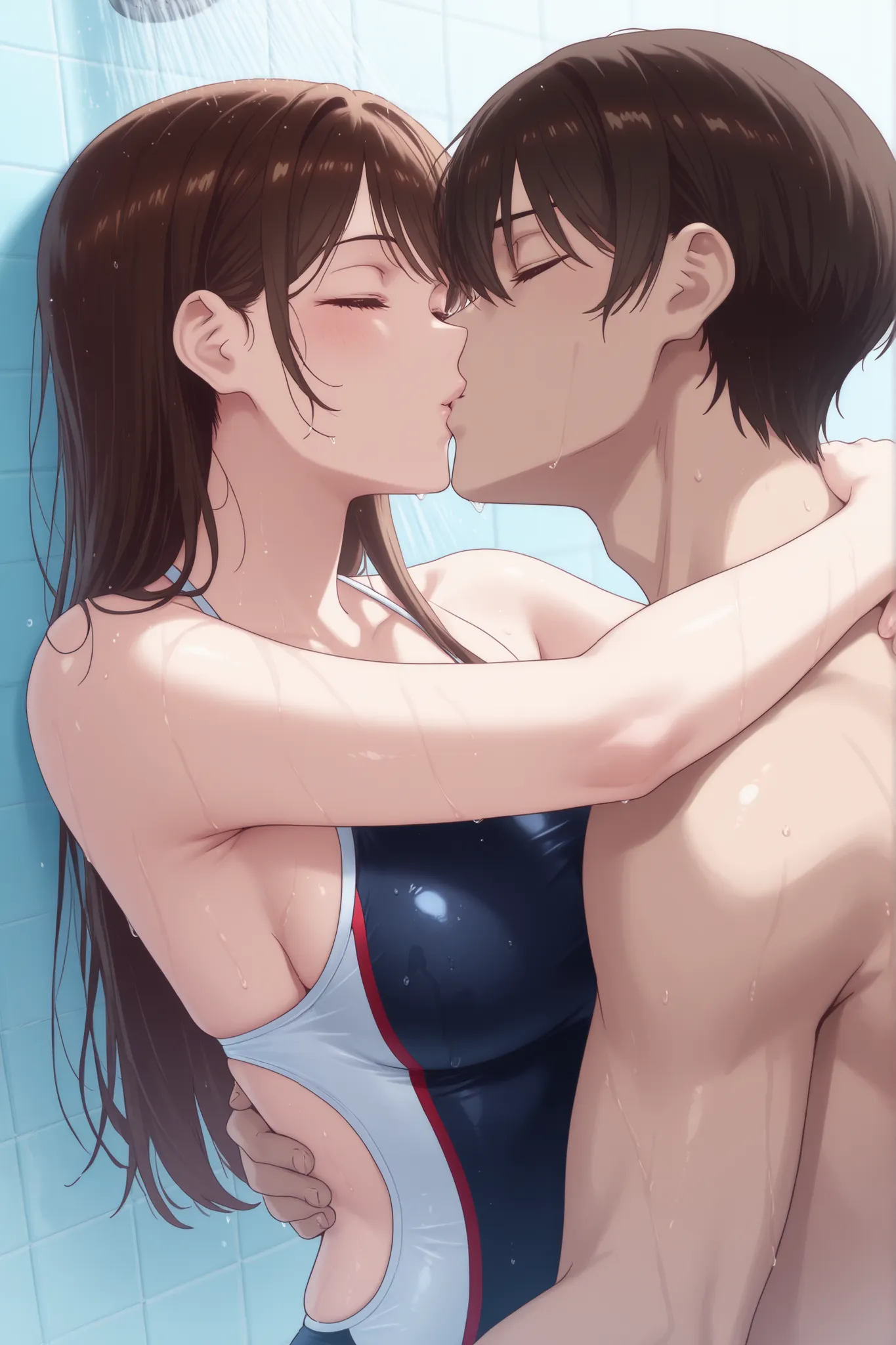 Japanese woman in swimsuit、Take a shower while being hugged from behind by a man in a swimsuit、lie on your back with your eyes closed and、kissing each other
