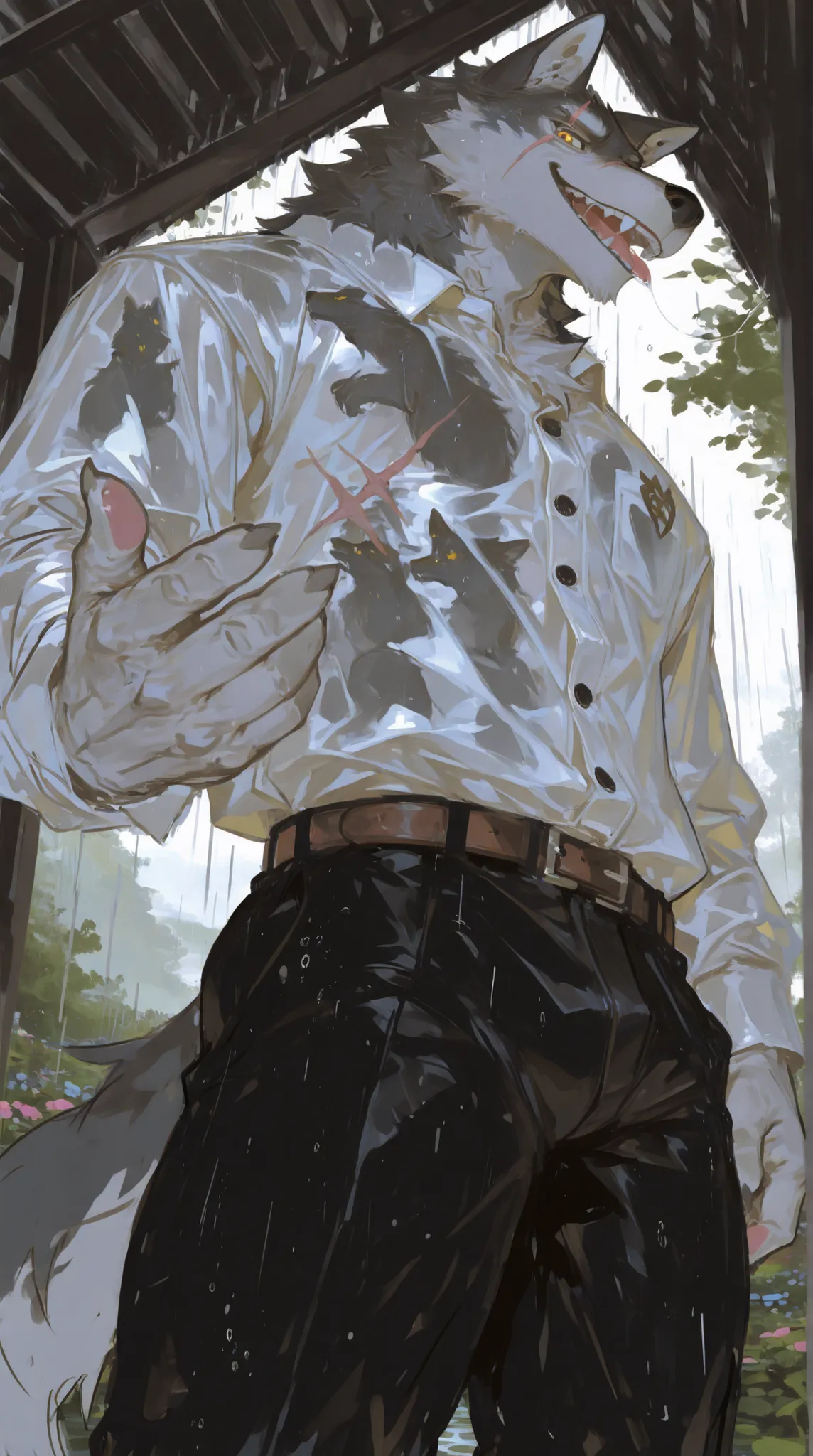 1 Uncle，(((middle-aged_male:1.5)))，old_man:0.5，Gray Wolf，furry，behind it is a rainy day，rain，Wet，transparent shirt，garden，Front View，Golden Eyes，gray fur，white body，Wet，Front View，Dress Shirts，white suit shirt，button-down long sleeve shirt，black suit pants...