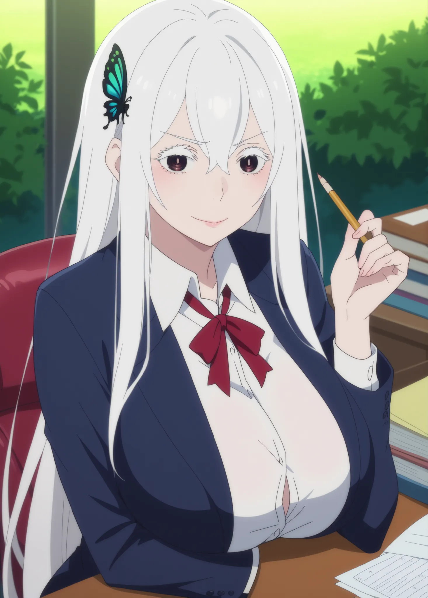 score_9, score_8_up, score_7_up, source_anime, anime screencap, KJOechidna, adult female, white hair, closed mouth, light smile, lips, white eyelashes, thick eyelashes, hair between eyes, butterfly hair, ornament,dark eyes, pale skin, very long hair, Sexy,...
