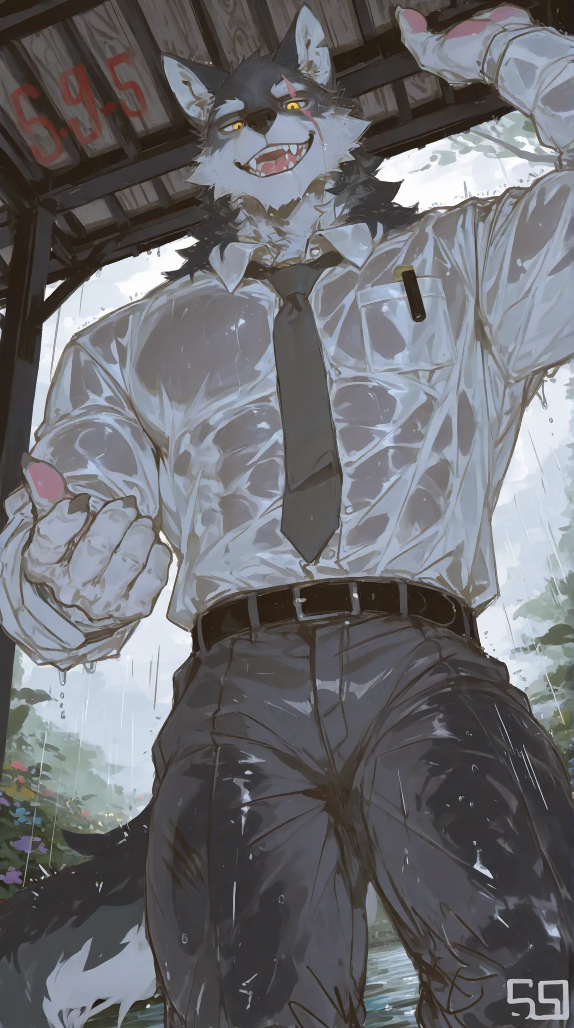1 Uncle，(((middle-aged_male:1.5)))，old_man:0.5，Gray Wolf，furry，behind it is a rainy day，rain，Wet，transparent shirt，garden，Behind you is the lake，Trees，Front View，Golden Eyes，gray fur，white body，Wet，tie，Dress Shirts，white suit shirt，button-down long sleeve ...