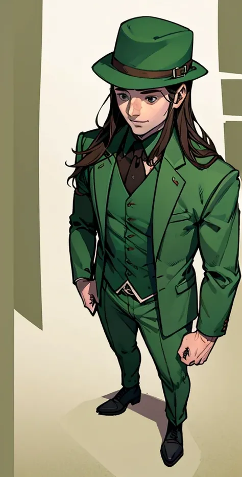 young man, brown long hair, muscular body, green suit, green fedora, pale skin, from above, full body, hands in the pocket