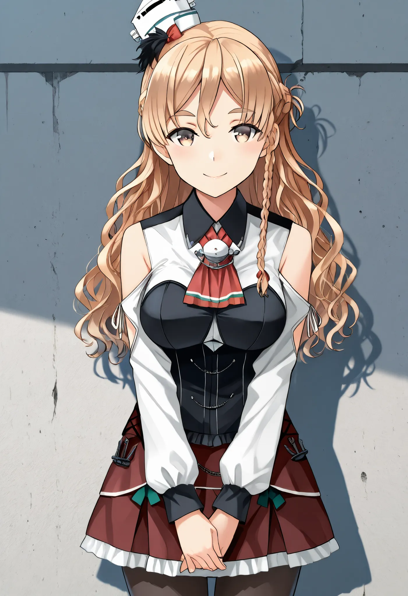 Zara (KANCOLLE))
one girl, solos, detailed skin, Smiling, 
score_9,score_8_up, score_7_up, Source_Anime, masterpiece, top quality, official art, official style,  game CG, 
zaraKC, long hair,skirt, shirt, long sleeves, bare shoulders, braid, pantyhose, mini...