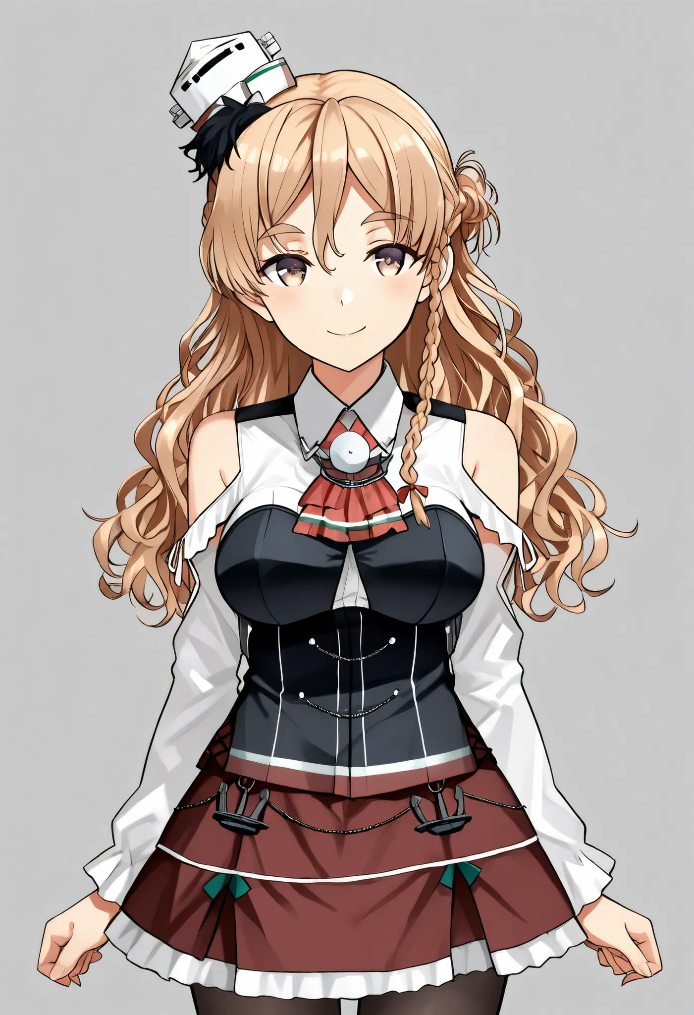 Zara (KANCOLLE))
one girl, solos, detailed skin, Smiling, 
score_9,score_8_up, score_7_up, Source_Anime, masterpiece, top quality, official art, official style,  game CG, 
zaraKC, long hair,skirt, shirt, long sleeves, bare shoulders, braid, pantyhose, mini...