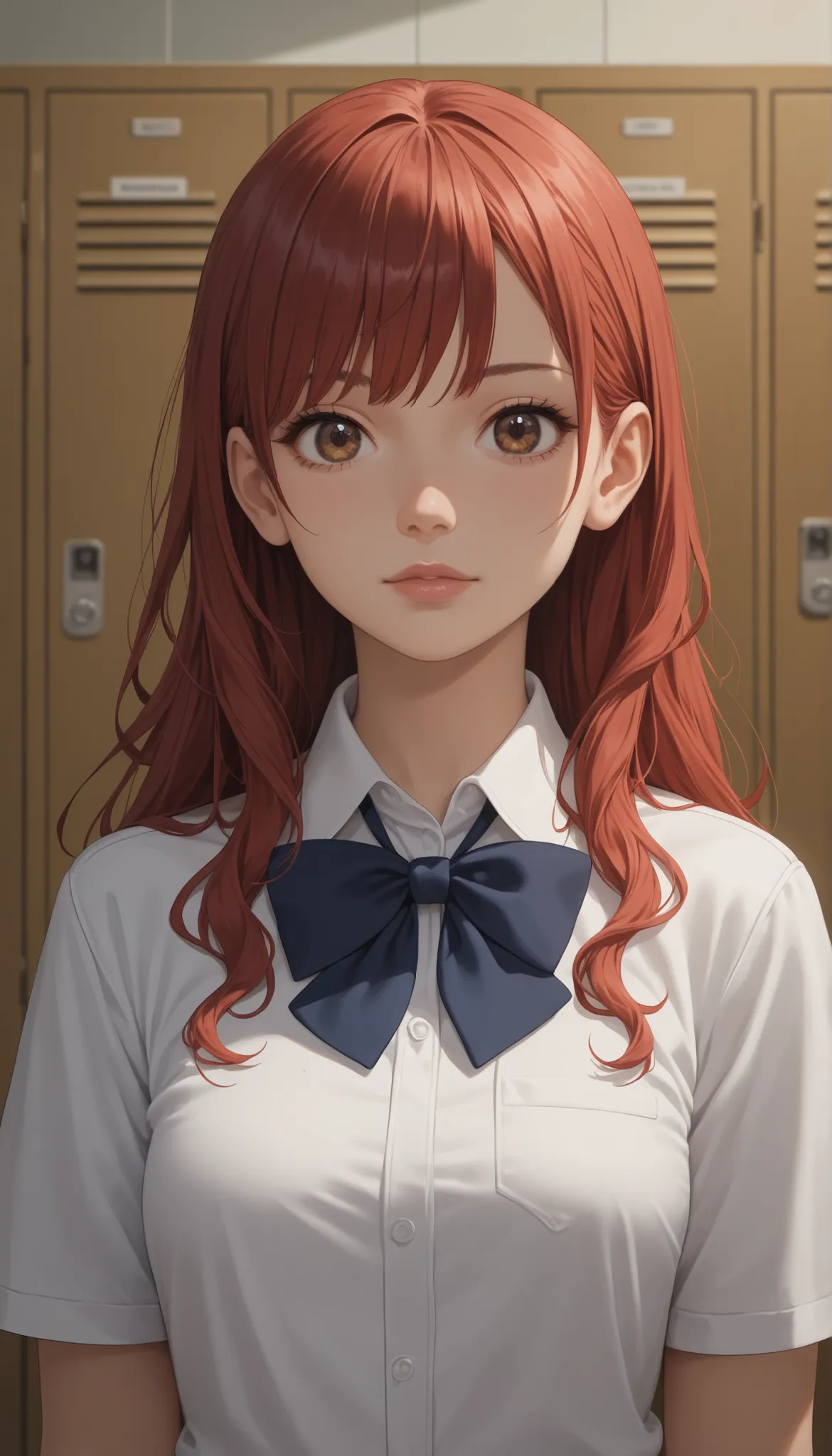 masterpiece,最high quality,high quality, Sugano Serina, Red hair, Long Hair, brown eyes, 1 girl, solo,   locker, uniform, bow, viewers, shirt, Indoor, upper body, bowtie, white shirt, Best, collared shirt, sober bang