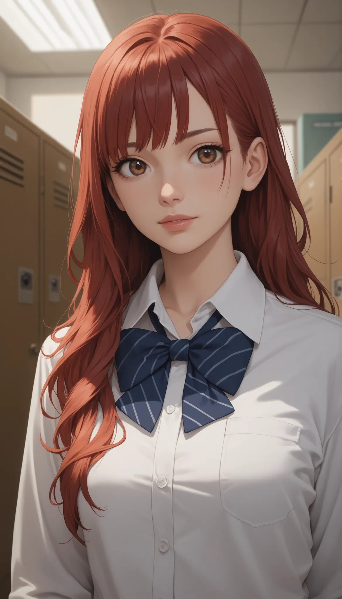 masterpiece,最high quality,high quality, Sugano Serina, Red hair, Long Hair, brown eyes, 1 girl, solo,   locker, uniform, bow, viewers, shirt, Indoor, upper body, bowtie, white shirt, Best, collared shirt, Plain Bangs