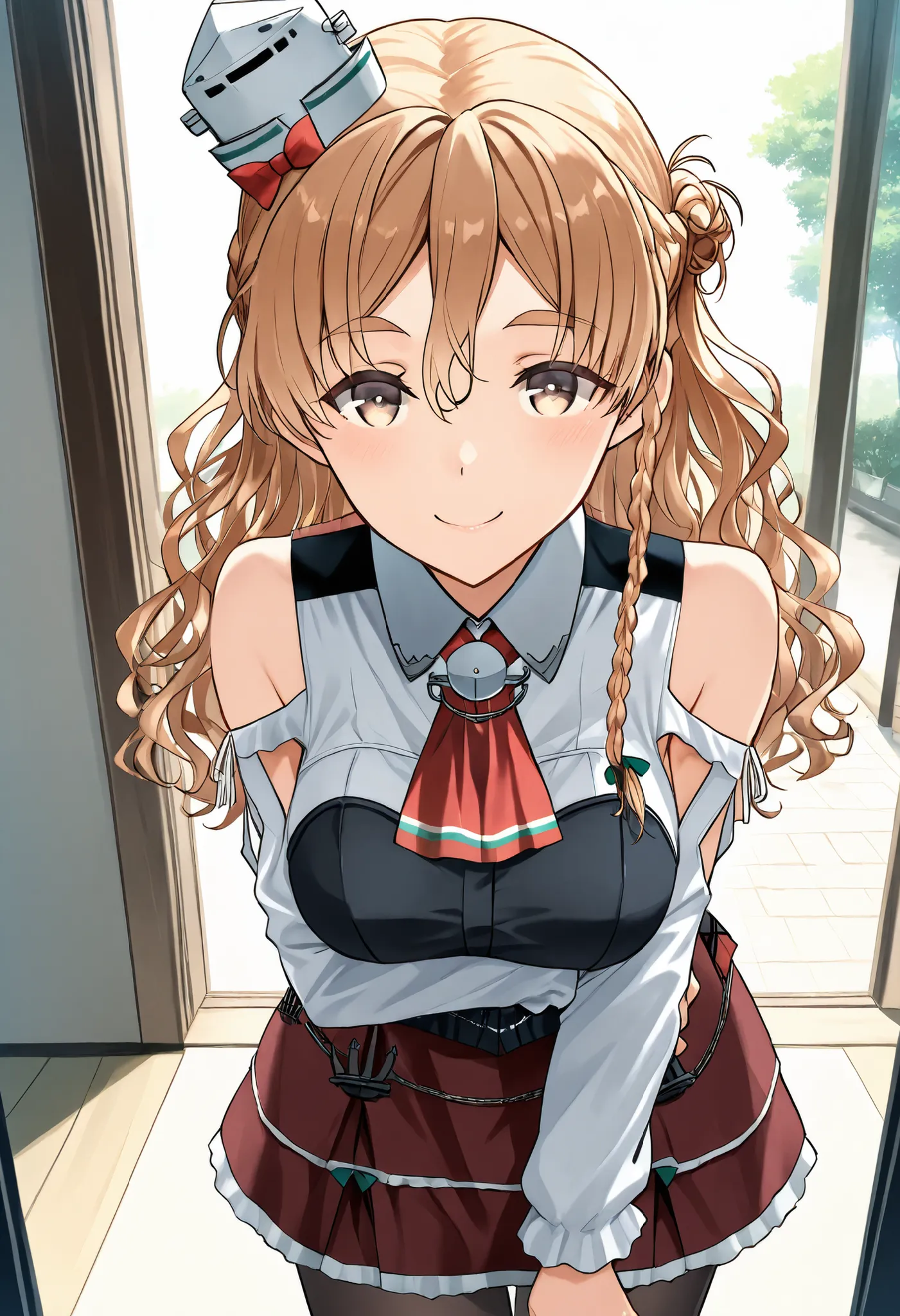 Zara (KANCOLLE))
one girl, solos, detailed skin, Smiling, 
score_9,score_8_up, score_7_up, Source_Anime, masterpiece, top quality, official art, official style,  game CG, 
zaraKC, long hair,skirt, shirt, long sleeves, bare shoulders, braid, pantyhose, mini...