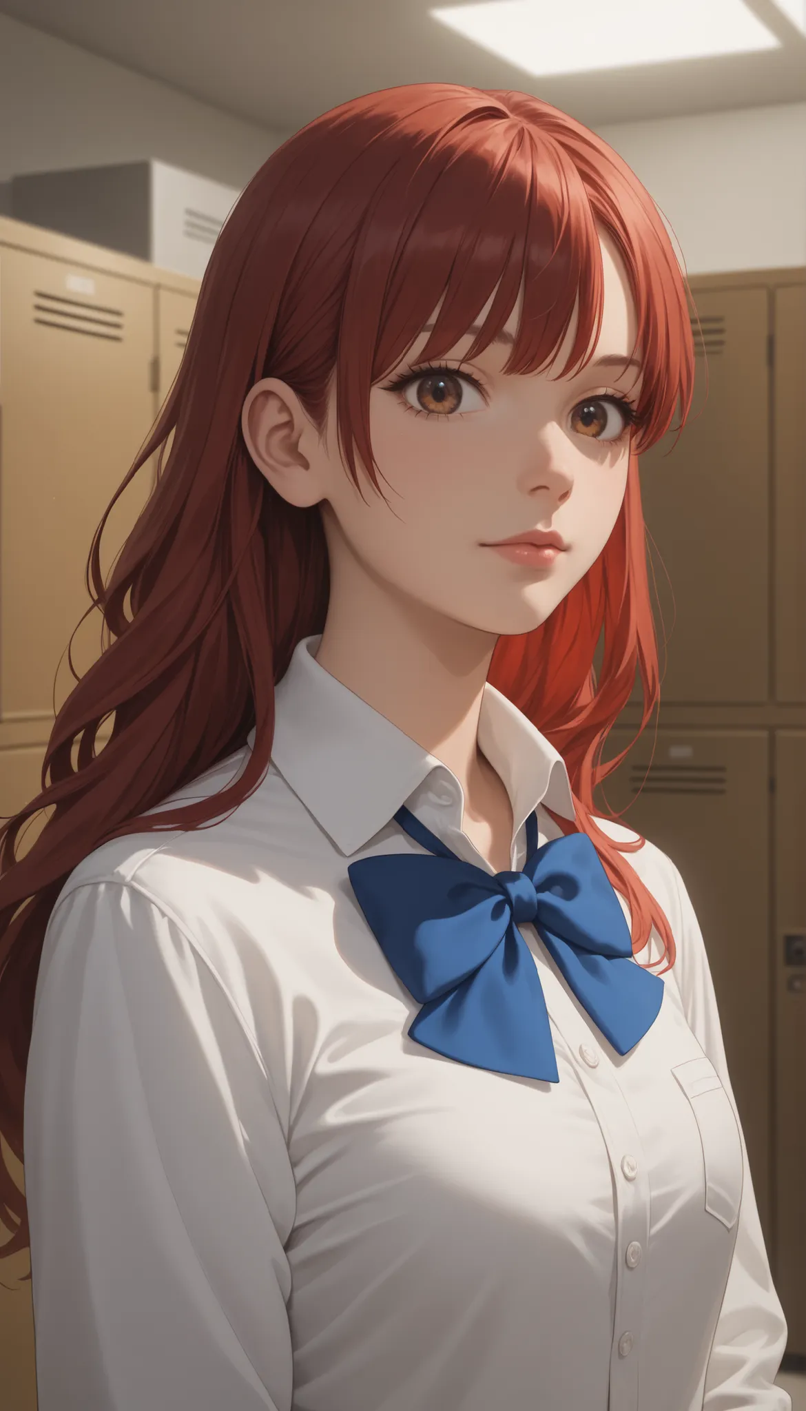 masterpiece,最high quality,high quality, Sugano Serina, Red hair, Long Hair, brown eyes, 1 girl, solo,   locker, uniform, bow, viewers, shirt, Indoor, upper body, bowtie, white shirt, Best, collared shirt, Plain Bangs