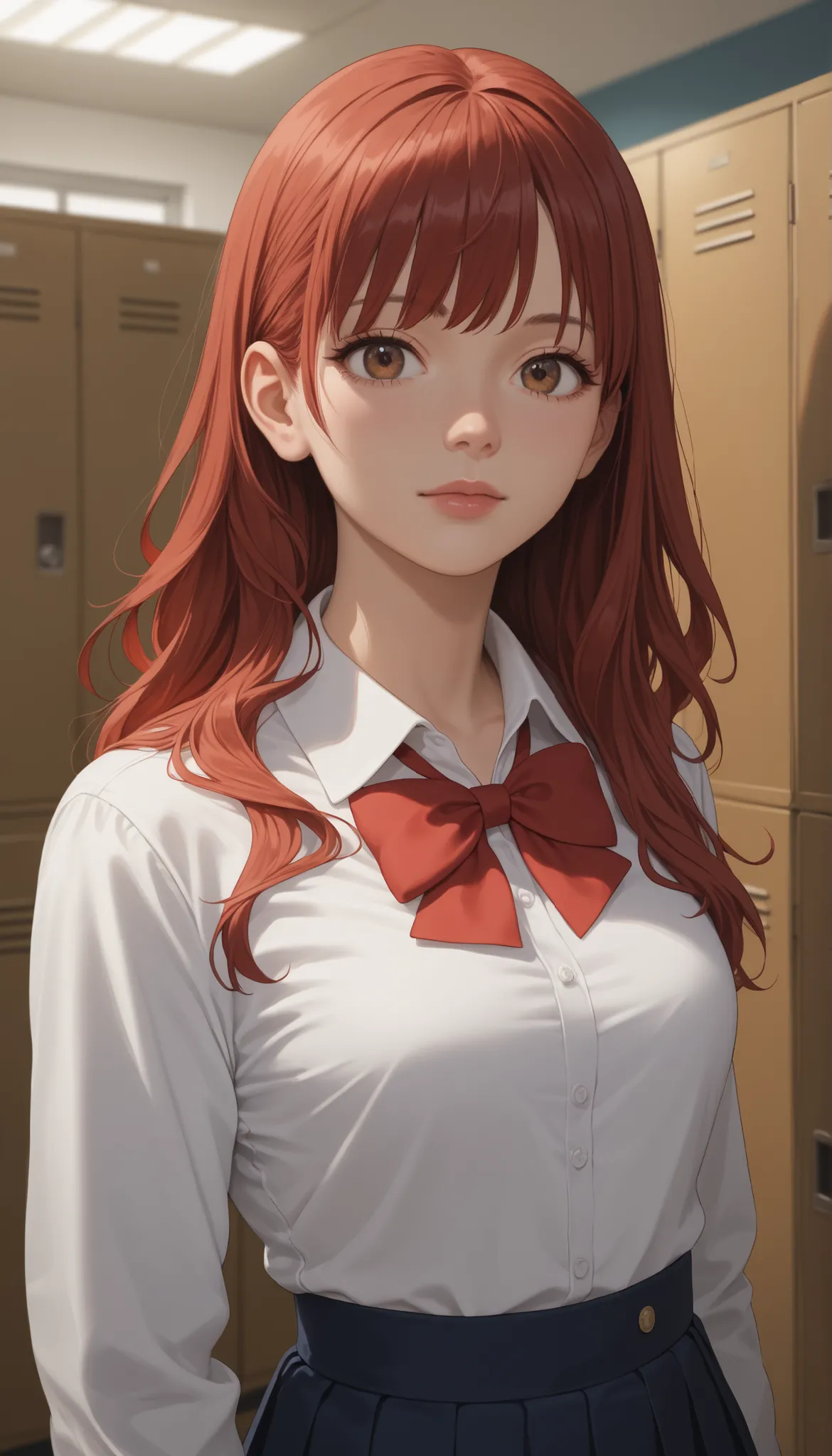masterpiece,最high quality,high quality, Sugano Serina, Red hair, Long Hair, brown eyes, 1 girl, solo,   locker, uniform, bow, viewers, shirt, Indoor, upper body, bowtie, white shirt, Best, collared shirt, sober bang