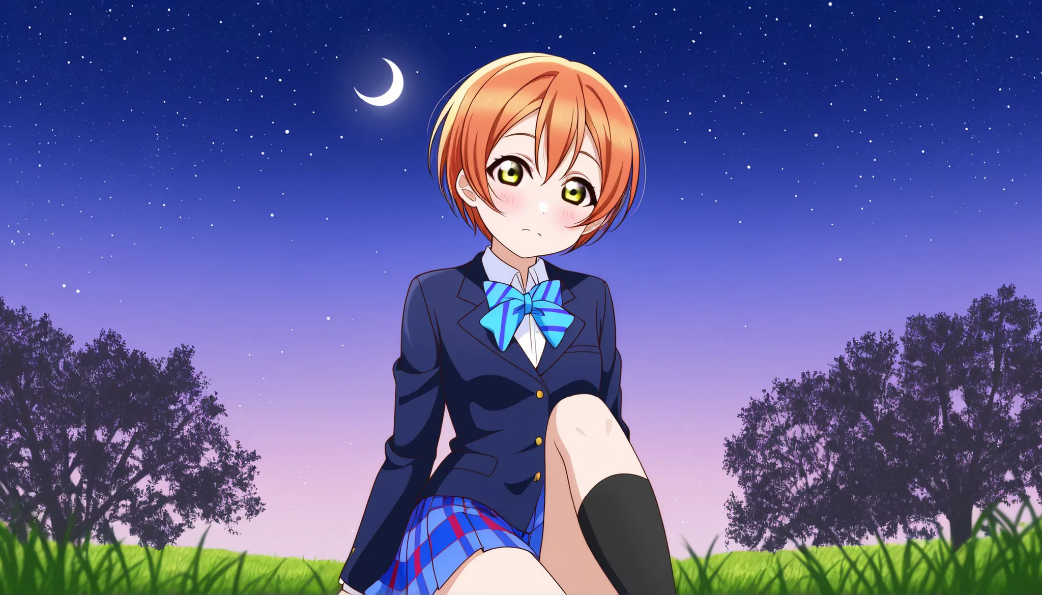 1girl, hoshizora rin, striped, short hair, blush, otonokizaka school uniform, lovelive_rin black blazer, blue plaid skirt, blue stripe bowtie, orange hair, very short hair, hair between eyes, yellow green eyes,knee up,crescent moon, stars (sky),looking at ...