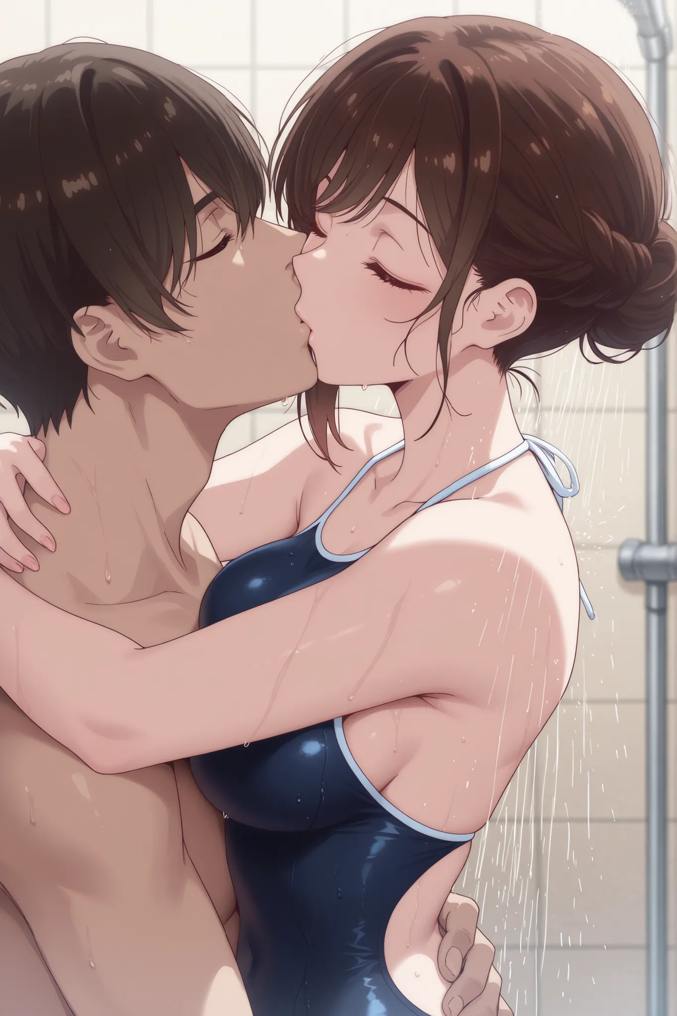 Japanese woman in swimsuit、Take a shower while being hugged from behind by a man in a swimsuit、Sleep on your back with your eyes closed、kissing each other