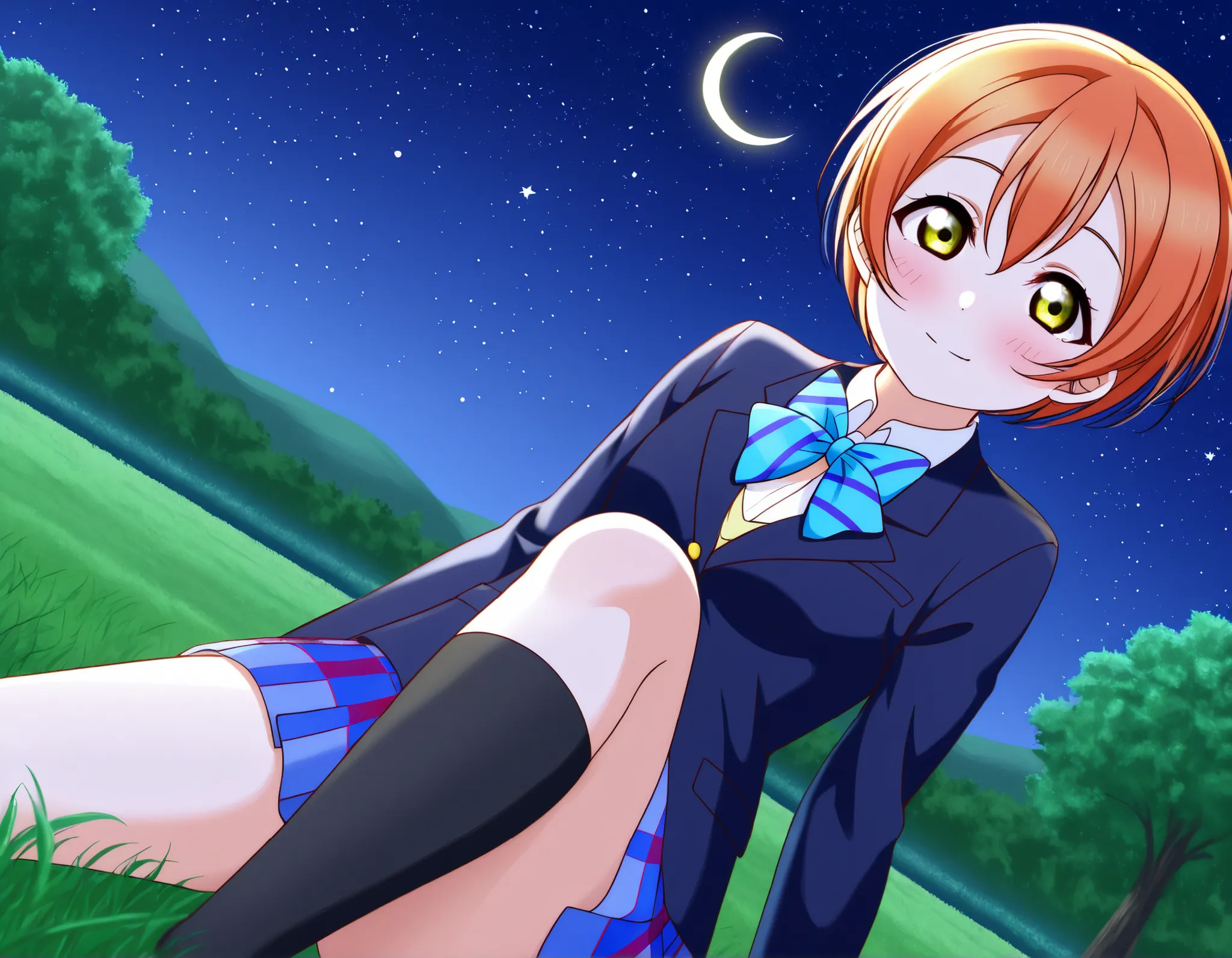 1girl, hoshizora rin, striped, short hair, blush, otonokizaka school uniform, lovelive_rin black blazer, blue plaid skirt, blue stripe bowtie, orange hair, very short hair, hair between eyes, yellow green eyes,knee up,crescent moon, stars (sky),looking at ...