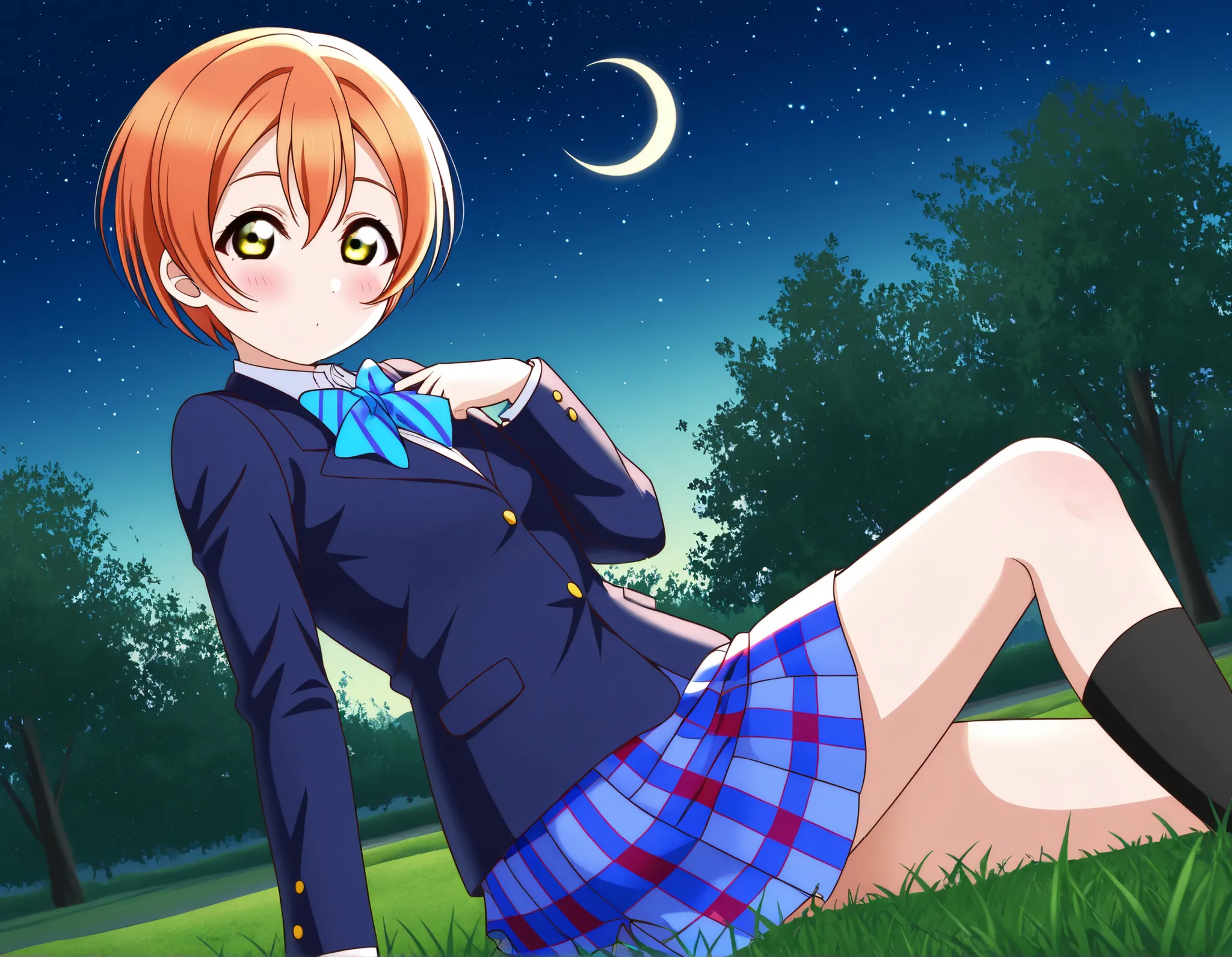 1girl, hoshizora rin, striped, short hair, blush, otonokizaka school uniform, lovelive_rin black blazer, blue plaid skirt, blue stripe bowtie, orange hair, very short hair, hair between eyes, yellow green eyes,knee up,crescent moon, stars (sky),looking at ...