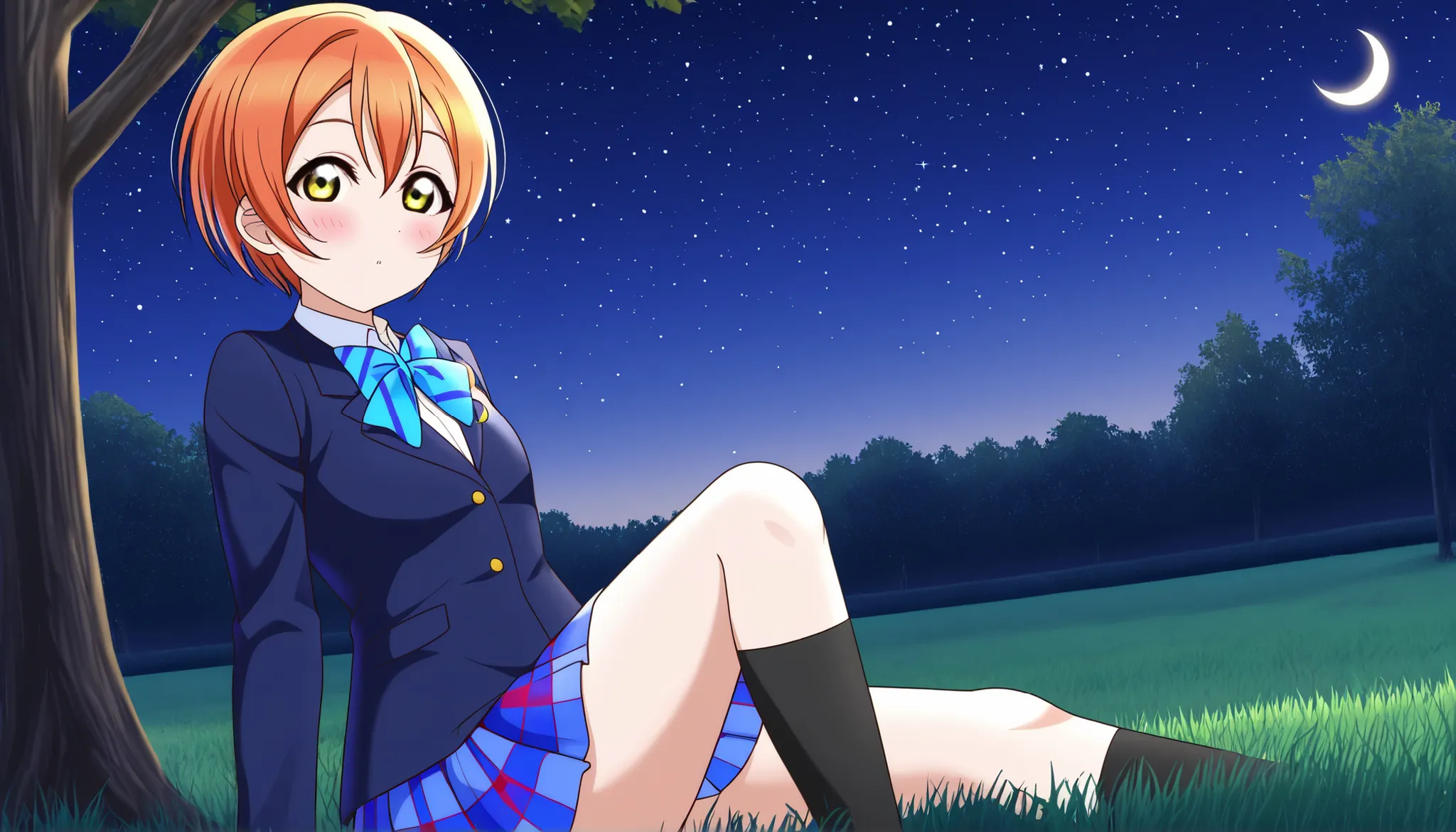 1girl, hoshizora rin, striped, short hair, blush, otonokizaka school uniform, lovelive_rin black blazer, blue plaid skirt, blue stripe bowtie, orange hair, very short hair, hair between eyes, yellow green eyes,knee up,crescent moon, stars (sky),looking at ...