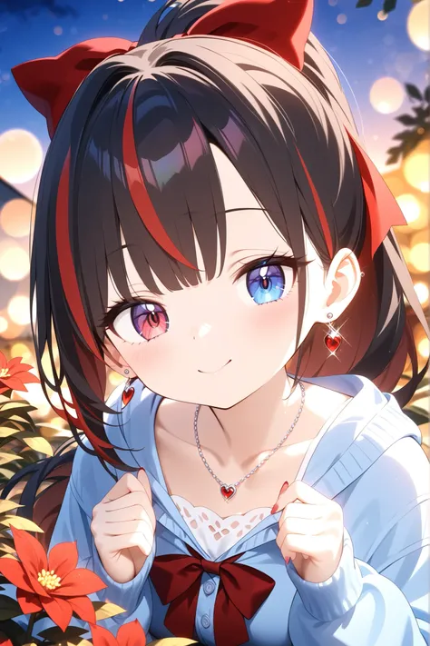 Gal、dark haired、hair streaked hair、ponytail、big red ribbon、cute、 silver earrings and necklaces 、high quality、4K、Real Photos、Precise Details、A well-shot portrait、Studio Lighting、Extreme Details、professional、vivid colors、Bokeh、Outdoor Garden、Evening Light、wa...