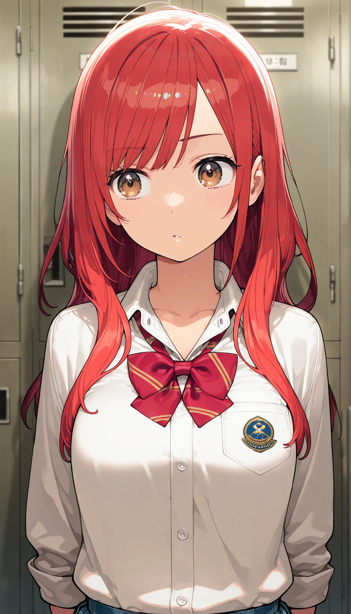 masterpiece,最high quality,high quality, Sugano Serina, Red hair, Long Hair, brown eyes, 1 girl, solo,   locker, uniform, bow, viewers, shirt, Indoor, upper body, bowtie, white shirt, Best, collared shirt, sober bang