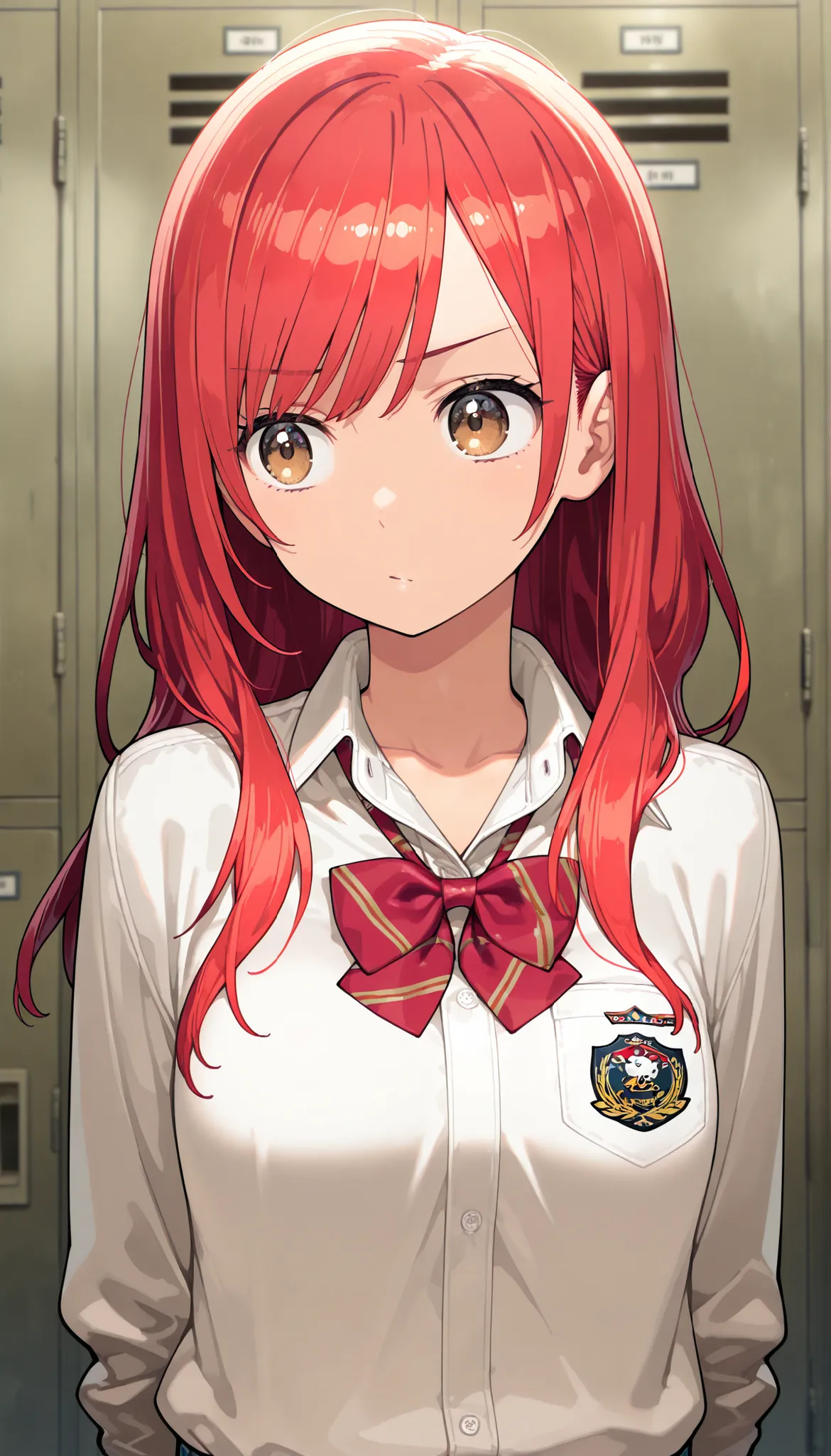masterpiece,最high quality,high quality, Sugano Serina, Red hair, Long Hair, brown eyes, 1 girl, solo,   locker, uniform, bow, viewers, shirt, Indoor, upper body, bowtie, white shirt, Best, collared shirt, sober bang