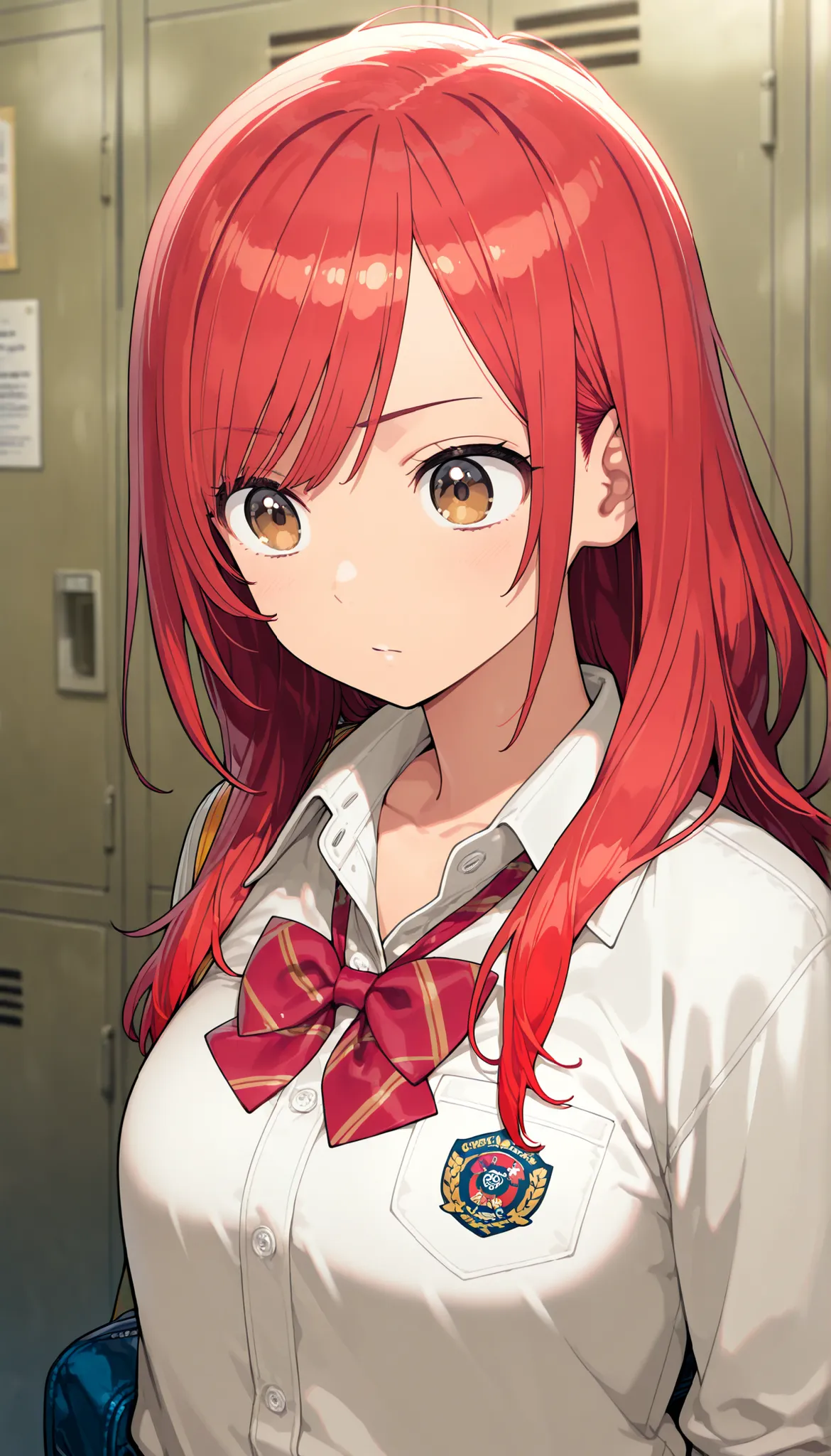 masterpiece,最high quality,high quality, Sugano Serina, Red hair, Long Hair, brown eyes, 1 girl, solo,   locker, uniform, bow, viewers, shirt, Indoor, upper body, bowtie, white shirt, Best, collared shirt, sober bang