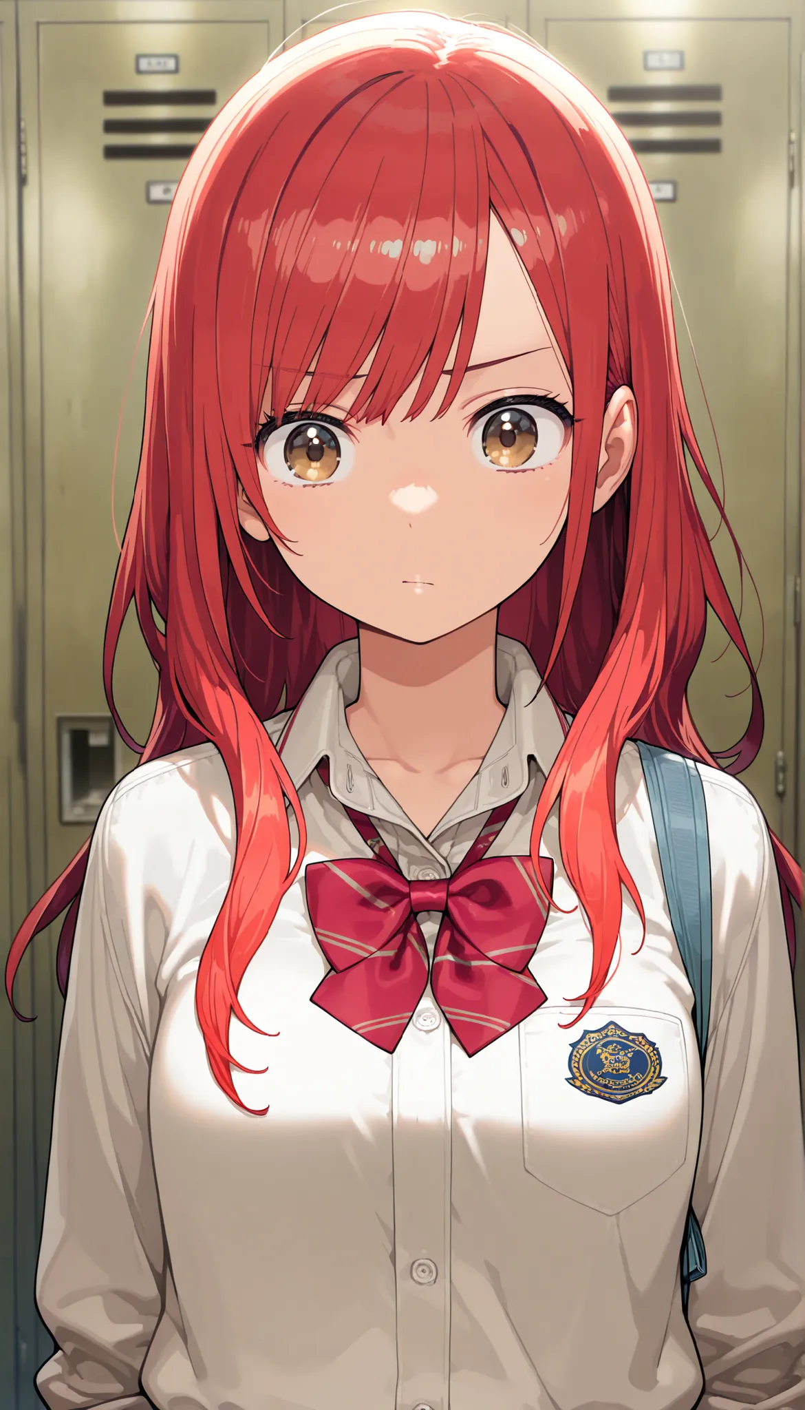 masterpiece,最high quality,high quality, Sugano Serina, Red hair, Long Hair, brown eyes, 1 girl, solo,   locker, uniform, bow, viewers, shirt, Indoor, upper body, bowtie, white shirt, Best, collared shirt, sober bang