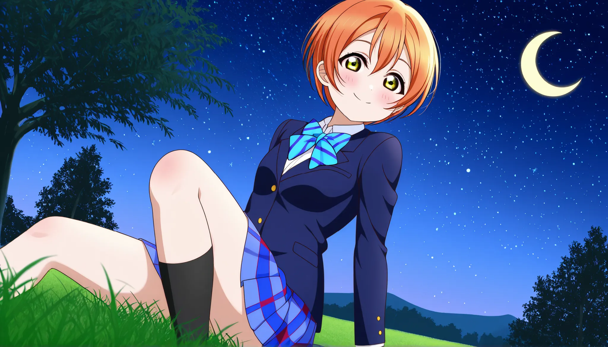 1girl, hoshizora rin, striped, short hair, blush, otonokizaka school uniform, lovelive_rin black blazer, blue plaid skirt, blue stripe bowtie, orange hair, very short hair, hair between eyes, yellow green eyes,knee up,crescent moon, stars (sky),looking at ...