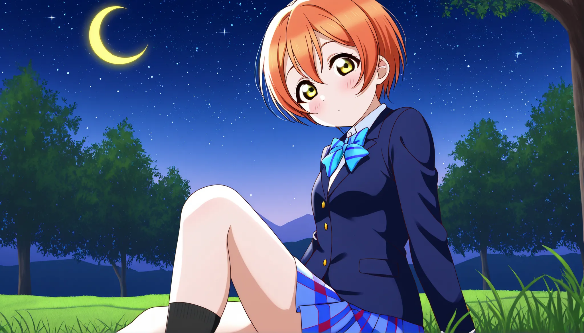 1girl, hoshizora rin, striped, short hair, blush, otonokizaka school uniform, lovelive_rin black blazer, blue plaid skirt, blue stripe bowtie, orange hair, very short hair, hair between eyes, yellow green eyes,knee up,crescent moon, stars (sky),looking at ...