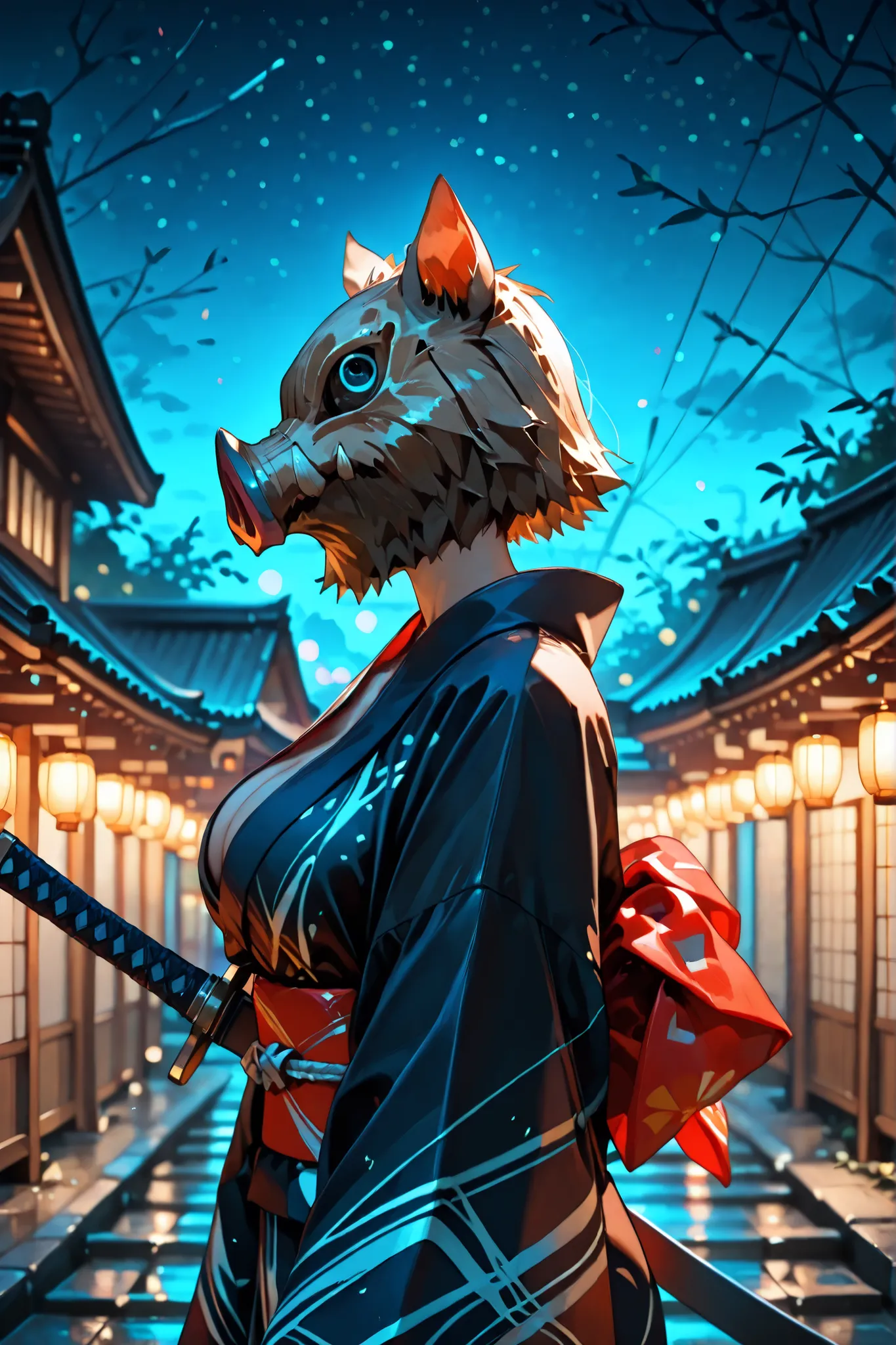 (SuperQuality:1.0) ~ (SuperQuality:1.2), detailxl, 1girl, High Resolution, Best Quality, High Details, Super Detailed, boar mask, a twin sword on her waist, night, cleavage, kimono, lean sculpted body, ((large breast)), ((no hair, covered face)), side view...
