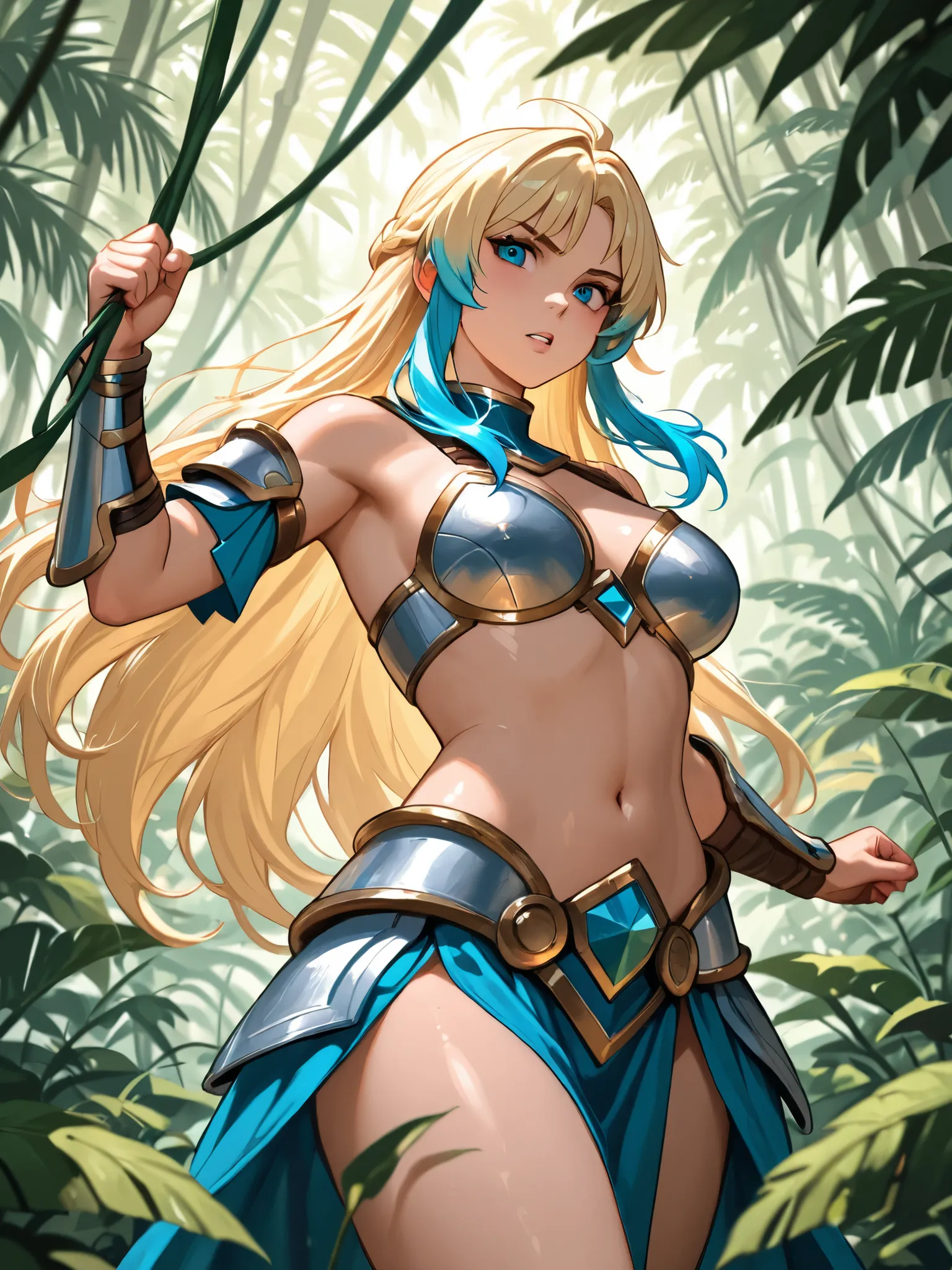 Sexy warrior in matte semi-armor, with long blond hair with blue locks fighting in a jungle