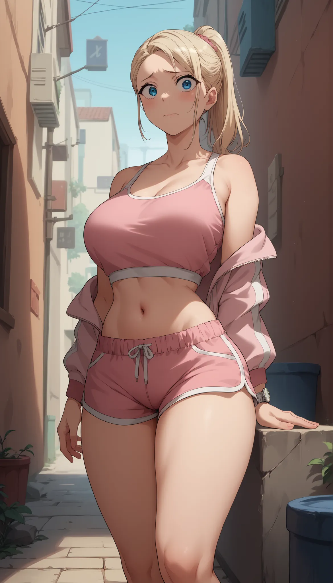 Kurashiki Reina, 
最high quality, masterpiece, Highly detailed, high quality, high resolution, girls, Blonde, ponytail blue eyes,  beautiful ,  beautiful  and perfect face, nervous, Watch your viewers, Pink gym wear,  pink shorts , pink sports jacket, colla...
