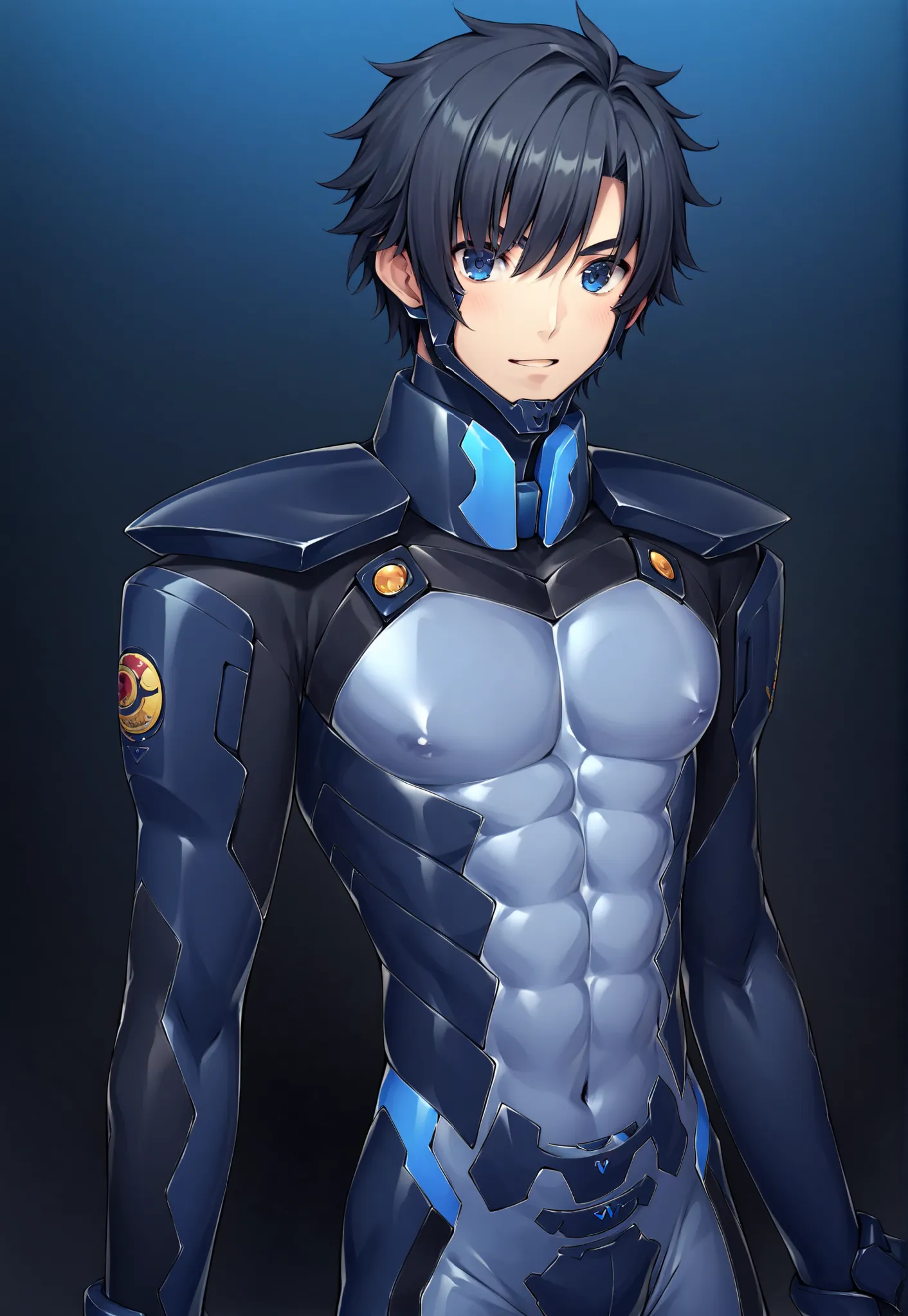 《anime illustration》perfect suit、Male body line、Black-haired blue-eyed young man、undersuit、Realistic、4K Vivid Color、professional texture、extreme detail、《《Fortified Suit》》、《Fujimaru Takuka》、 Slim、、
