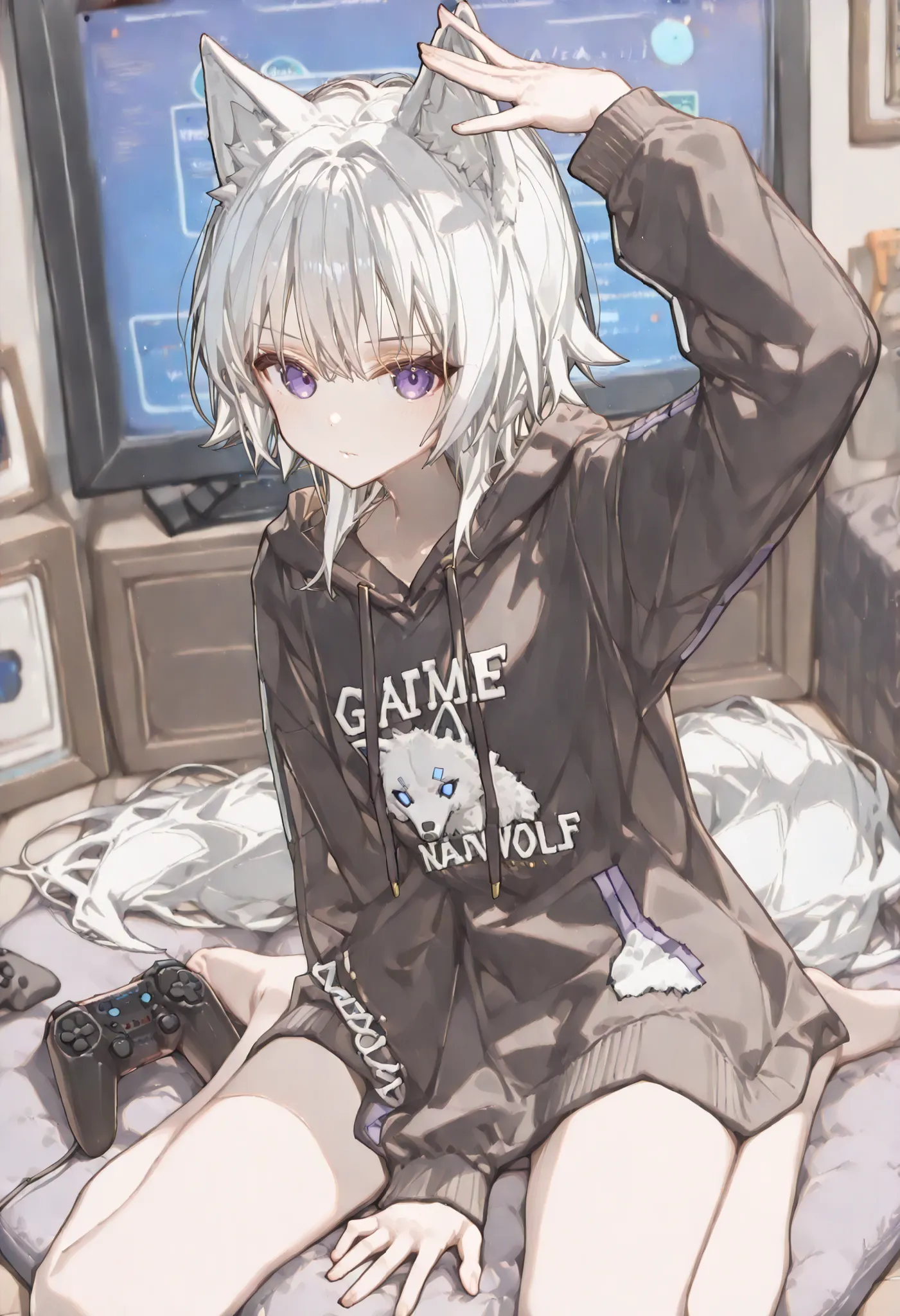 (artist:ningen_mame:1.5), [artist:ciloranko], 

1girl, white_hair_wolf cut, purple_eyes, black_hoodie, game_controller_in_hand, room_background, sitting_pose, lazy_expression, best quality, casual nerdy mood
