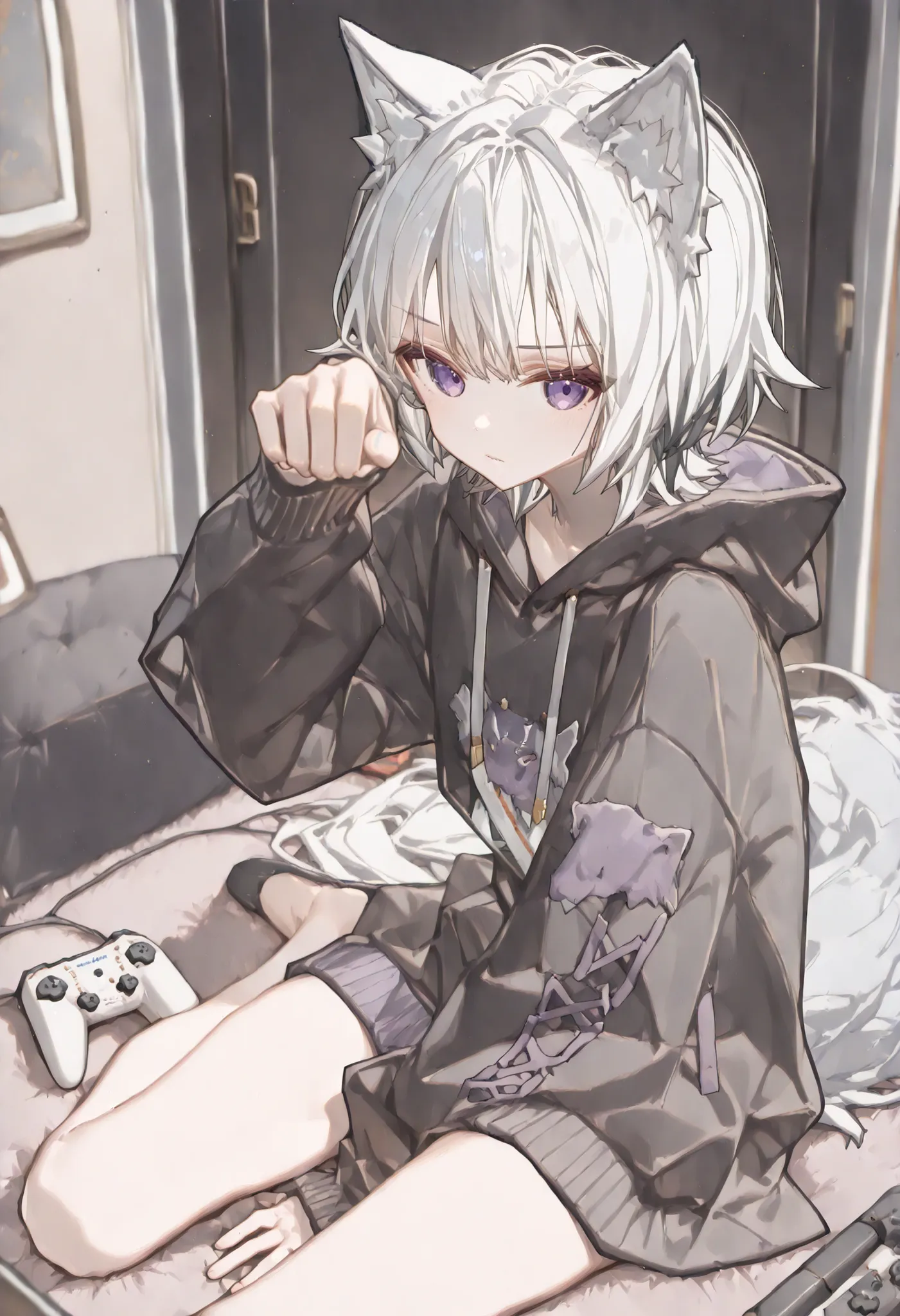 (artist:ningen_mame:1.5), [artist:ciloranko], 

1girl, white_hair_wolf cut, purple_eyes, black_hoodie, game_controller_in_hand, room_background, sitting_pose, lazy_expression, best quality, casual nerdy mood