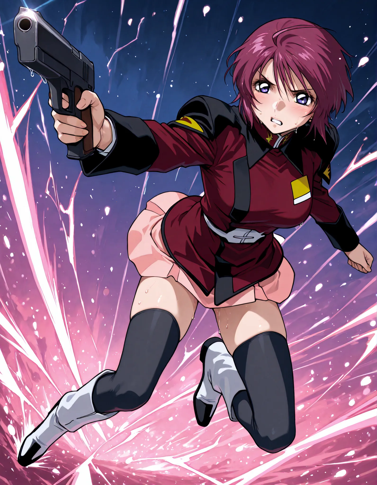 score_9, score_8_up, score_7_up,BREAK,masterpiece, best quality, absurdres,A very detailed and Hi-Res image、lightning crackling around 、safe 1girl,(solo),18 years old, (beautiful and detailed face),1girl,destiny jacket,LunamariaHawke,((destiny jacket)),((r...