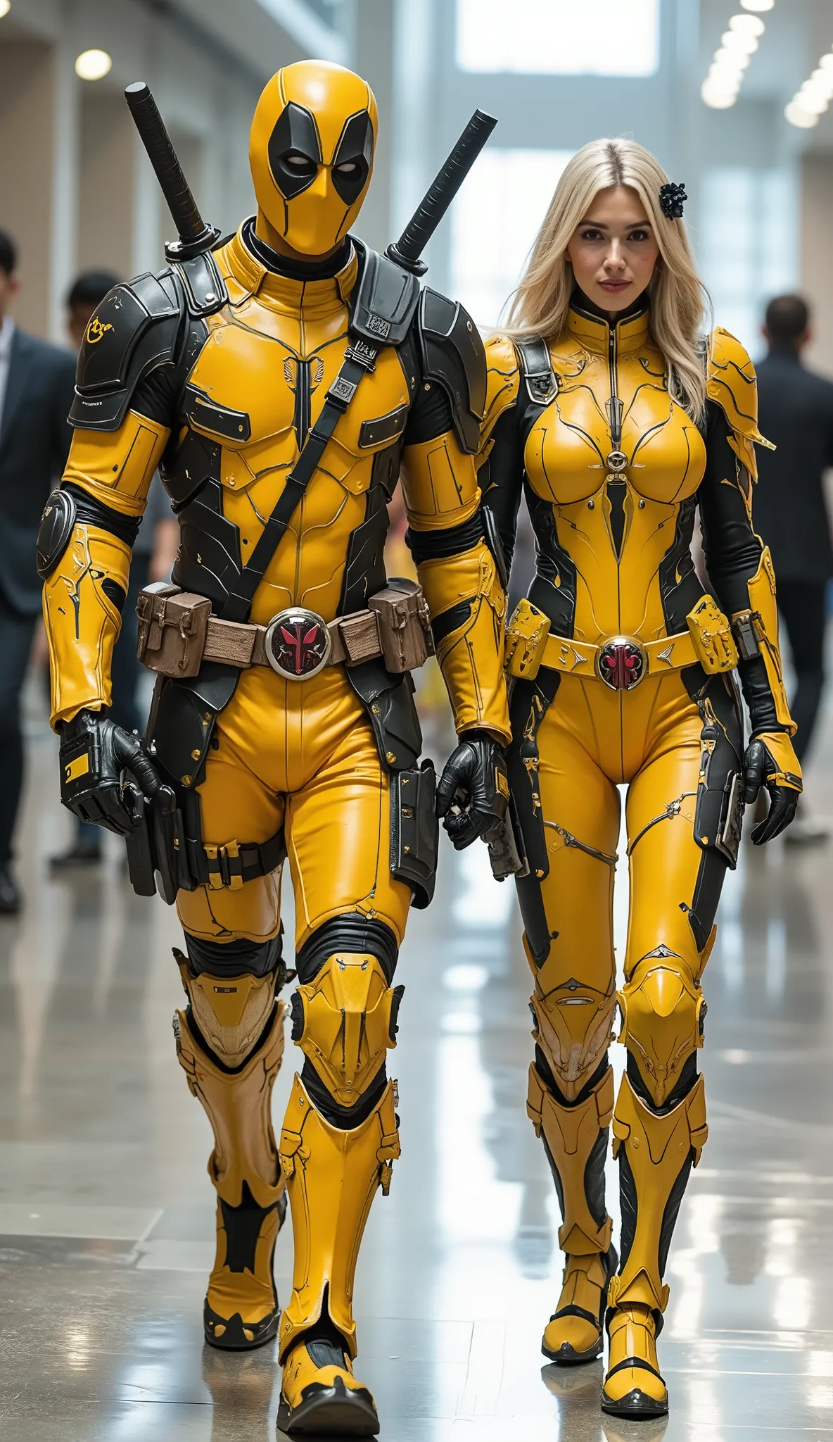 character: 1 man with mask full head wearing futuristic yellow Deadpool body suit with gold armor futuristic silver accents , and 1 woman blonde hair Wearing futuristic yellow Deadpool body suit with gold armor futuristic silver accents. Two katana swords...