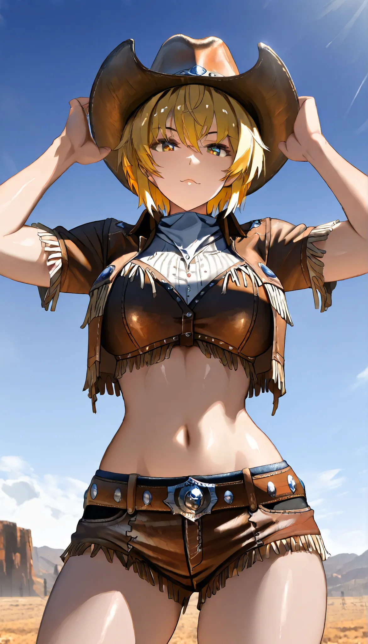 UHD, (A female with blonde hair),Short hair,Western US, western cowboy costume, Cowboy hat,outdoor,Open Pose, ultra-detailed, masterpiece, best quality, solo, upper focus, chiaroscuro,atmospheric,(Cowboy shot),(Close-up),first-person view, tachi-e,(Look at...