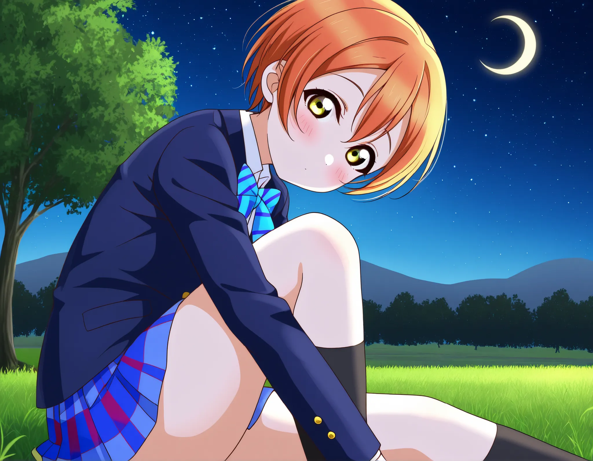 1girl, hoshizora rin, striped, short hair, blush, otonokizaka school uniform, lovelive_rin black blazer, blue plaid skirt, blue stripe bowtie, orange hair, very short hair, hair between eyes, yellow green eyes,knee up,crescent moon, stars (sky),looking at ...