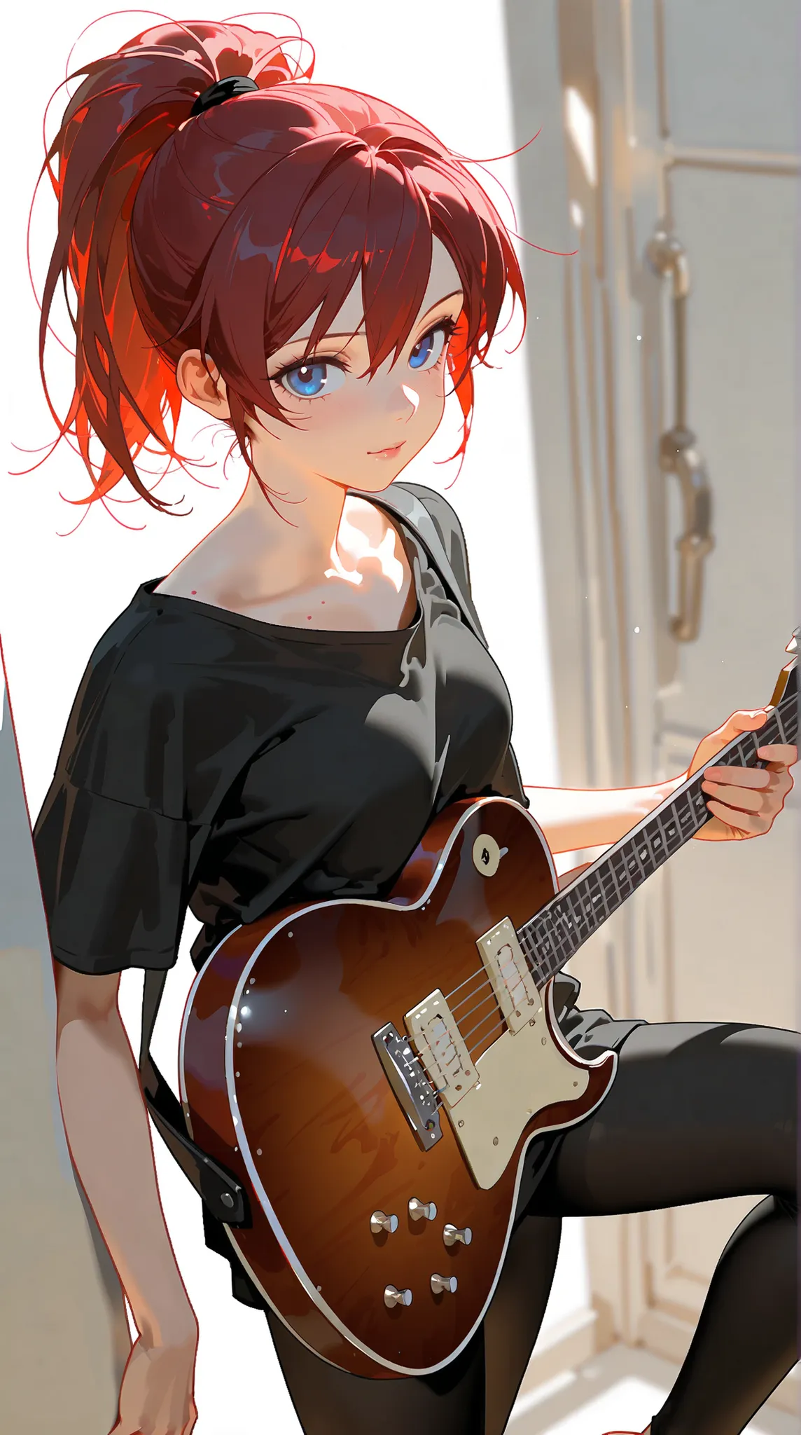 8K (high resolution) (Super Detailed)　(masterpiece)　(top quality)　anime illustration taste　Detailed eyes　detailed faces with ofisu　Detailed hands　Delicate hair　 detailed wrinkles on clothes　very elaborate body to hold a guitar　Fine Skin　healthy skin tone w...