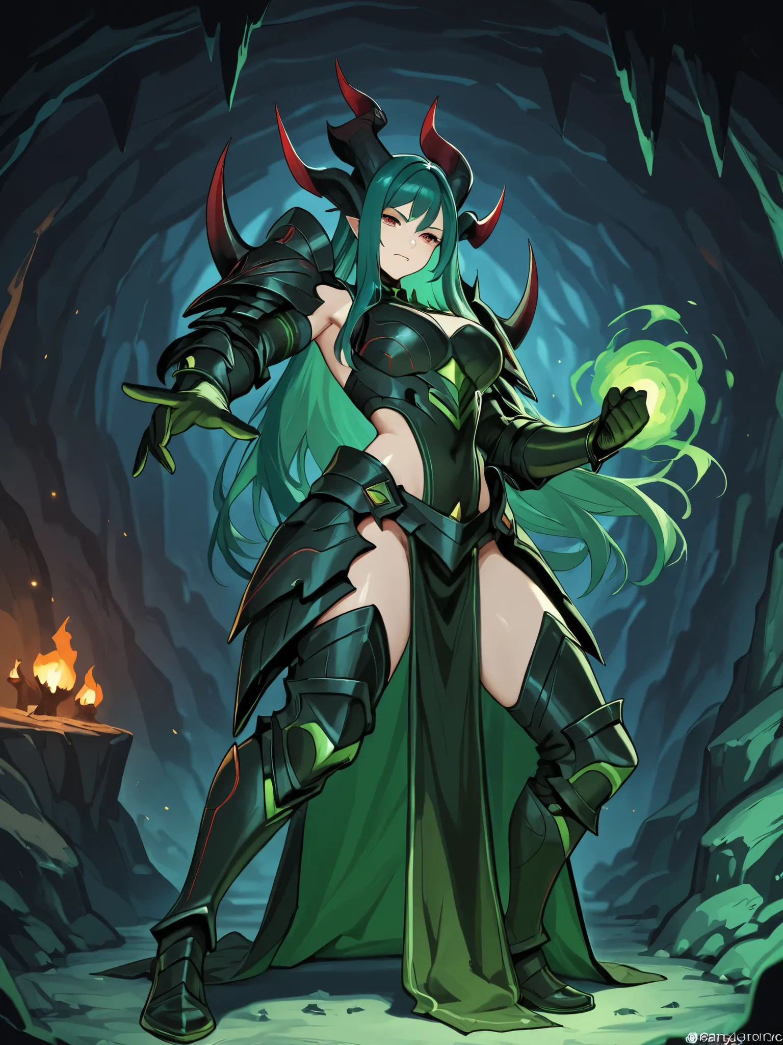 Sexy Draconic, semi-armored warrior with green curtu hair with bangs fighting in a cave