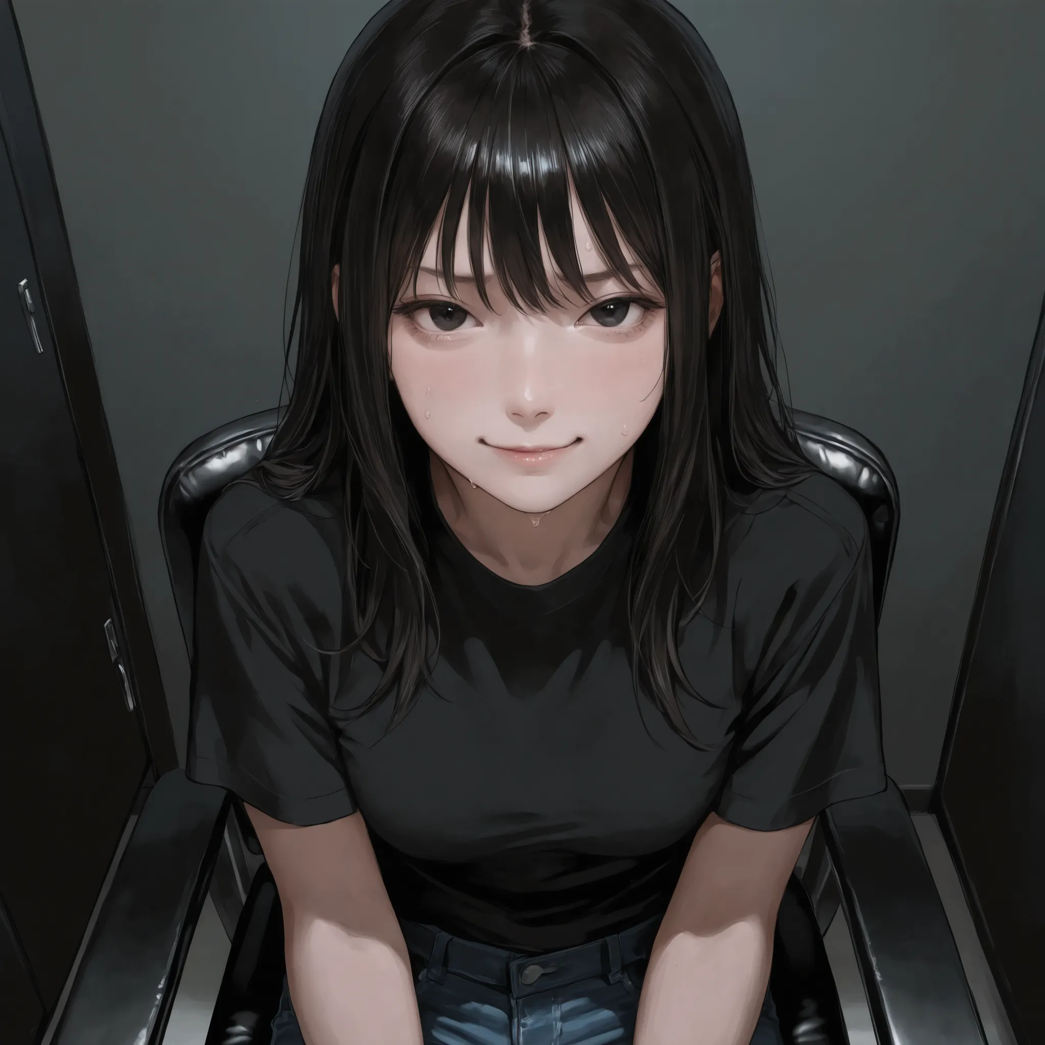 Masterpiece, top quality, smooth detail, ultra-high definition, semi-realistic, realistic eyes, girl, realistic hair, black room, dark room, chair, black black, black t-shirt, jeans, bondage, look to the viewer, sneering, nervous