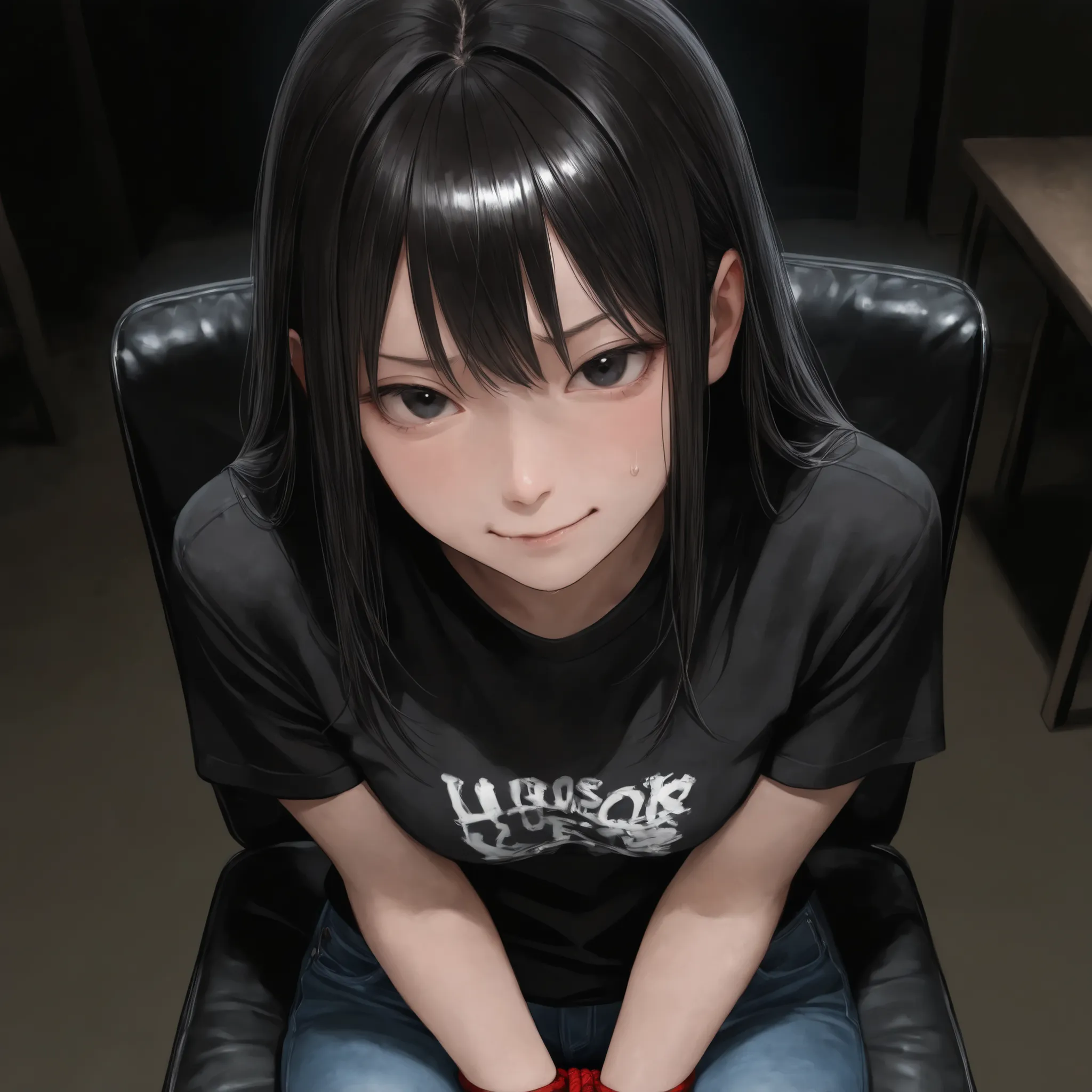 Masterpiece, top quality, smooth detail, ultra-high definition, semi-realistic, realistic eyes, girl, realistic hair, black room, dark room, chair, black black, black t-shirt, jeans, bondage, look to the viewer, sneering, nervous
